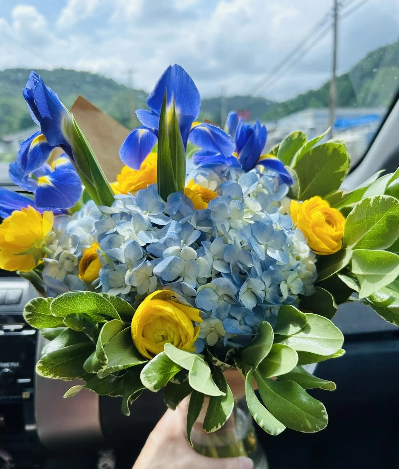 A bouquet of yellow, blue, and white flowers with green leaves, held inside a vehicle with a cloudy sky and distant hills visible through the windshield.