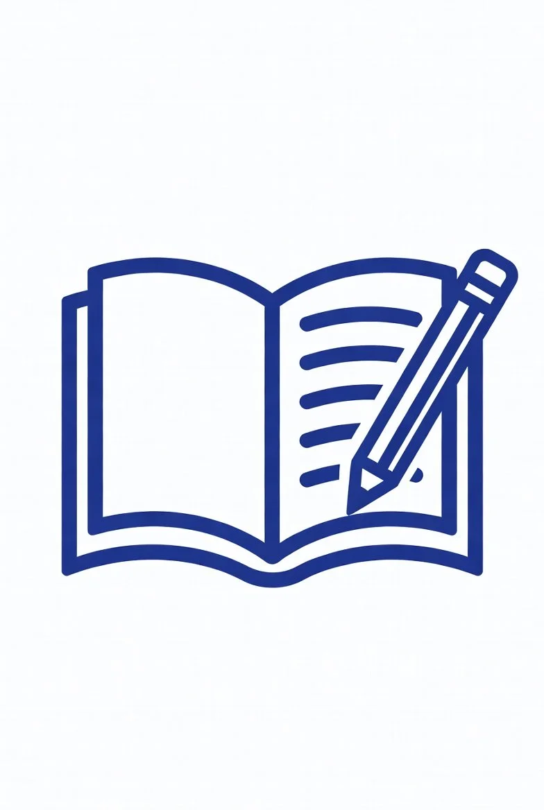 Icon of an open book with lines of text and a pencil