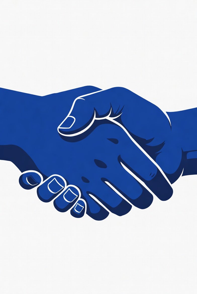 Illustration of ablue hand and a darker blue hand shaking in agreement.