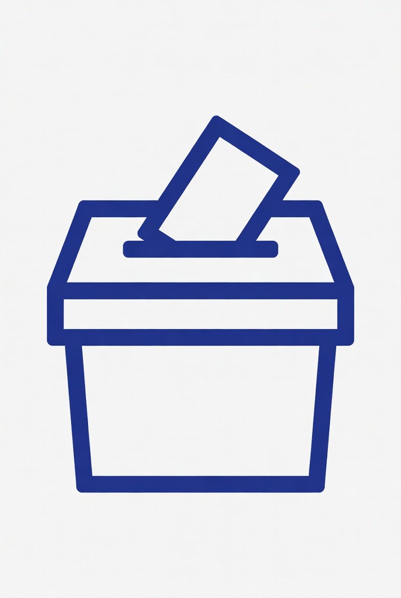 A simple blue line drawing of a ballot being inserted into a voting box.