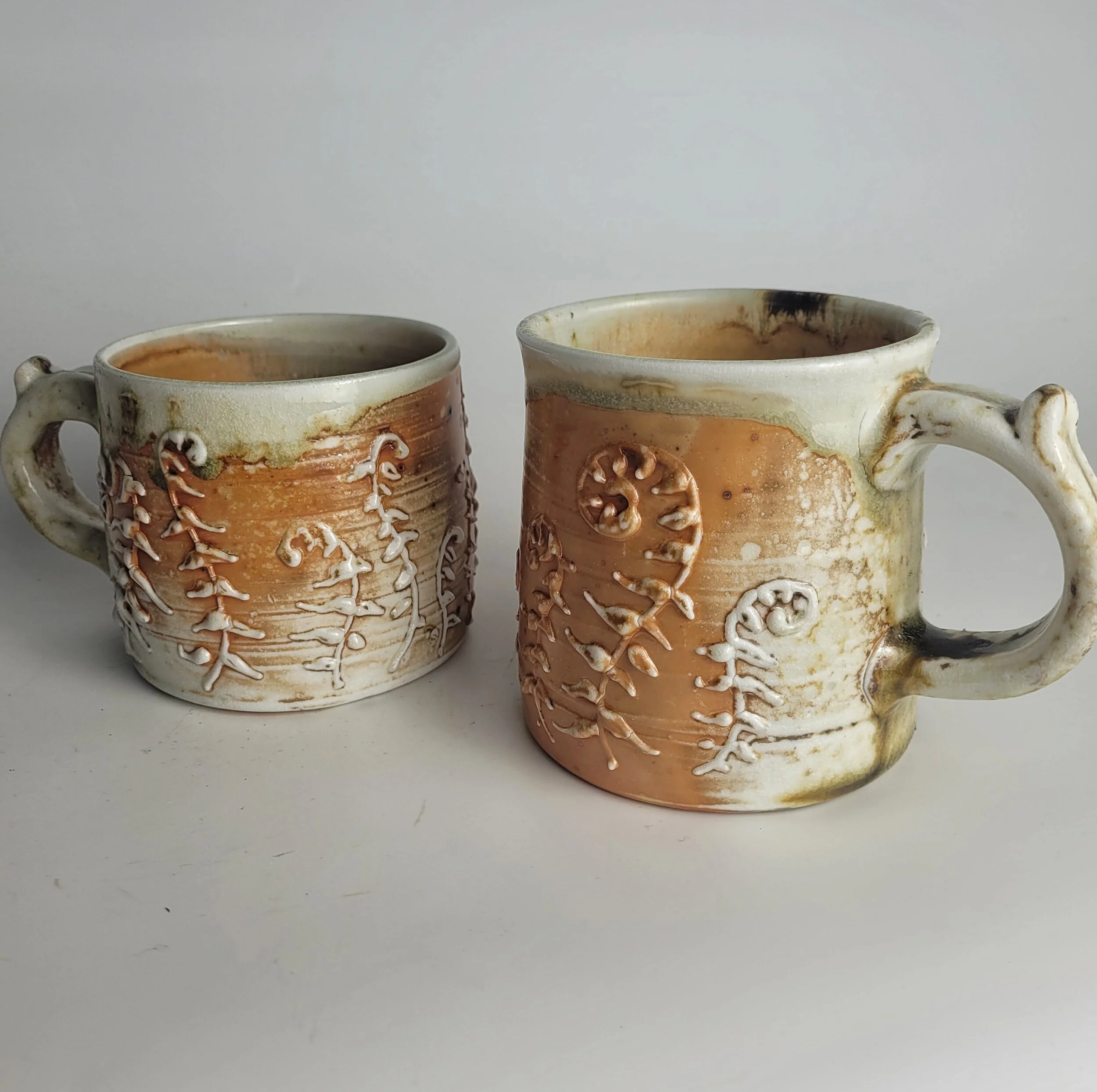 Two handcrafted ceramic mugs with raised fern leaf designs, one smaller and one larger, featuring earthy tones and textured surfaces, placed on a white background.