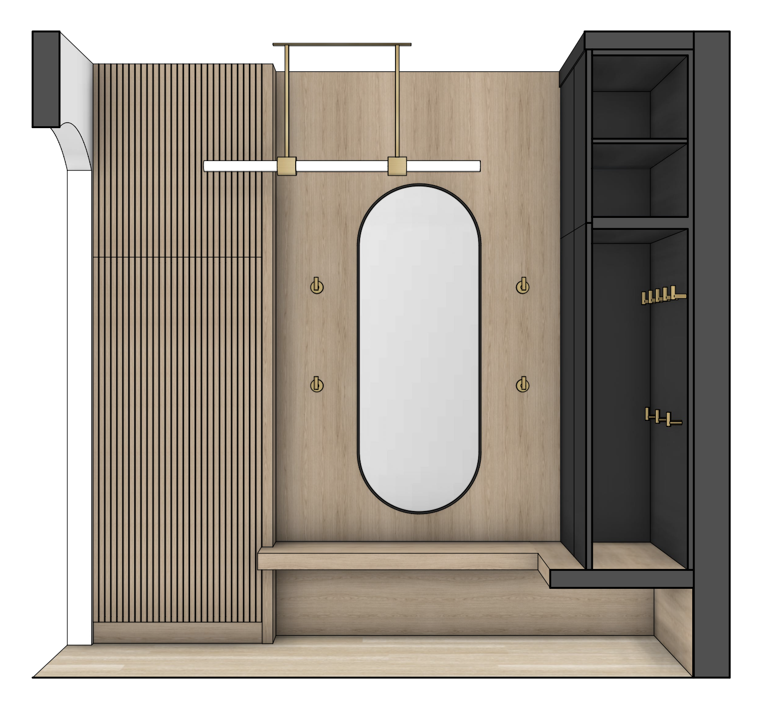 Interior design of a modern entryway with a large oval mirror, wooden slat wall, bench, black storage cabinet, hooks, and gold accents.