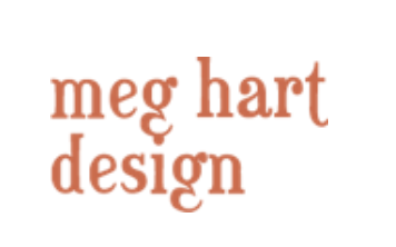 Logo with orange text reading 'meg hart design' in a stylized serif font