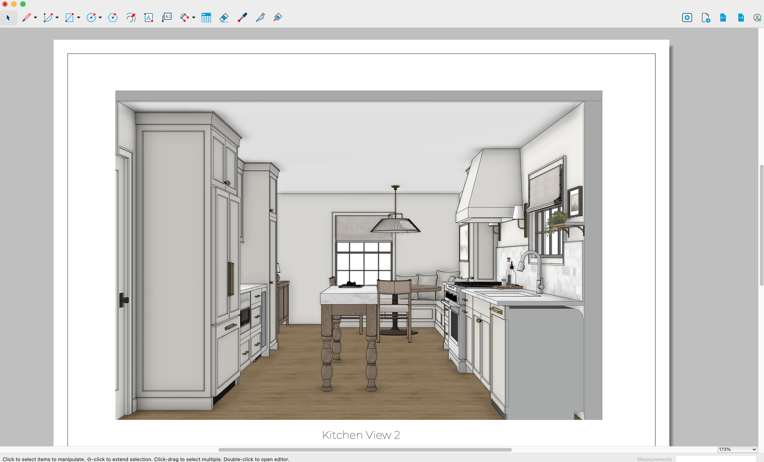 Digital rendering of a kitchen with white cabinets, a kitchen island, and a dining area with a window. The floor is wooden, and there are pendant lights hanging over the island, with natural light coming through the windows.