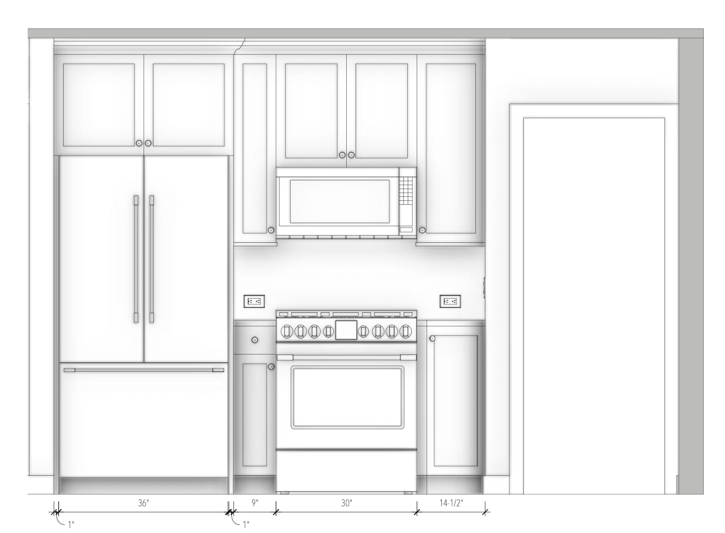 Architectural blueprint of a kitchen showing refrigerator, microwave, oven, and cabinets with detailed measurements.