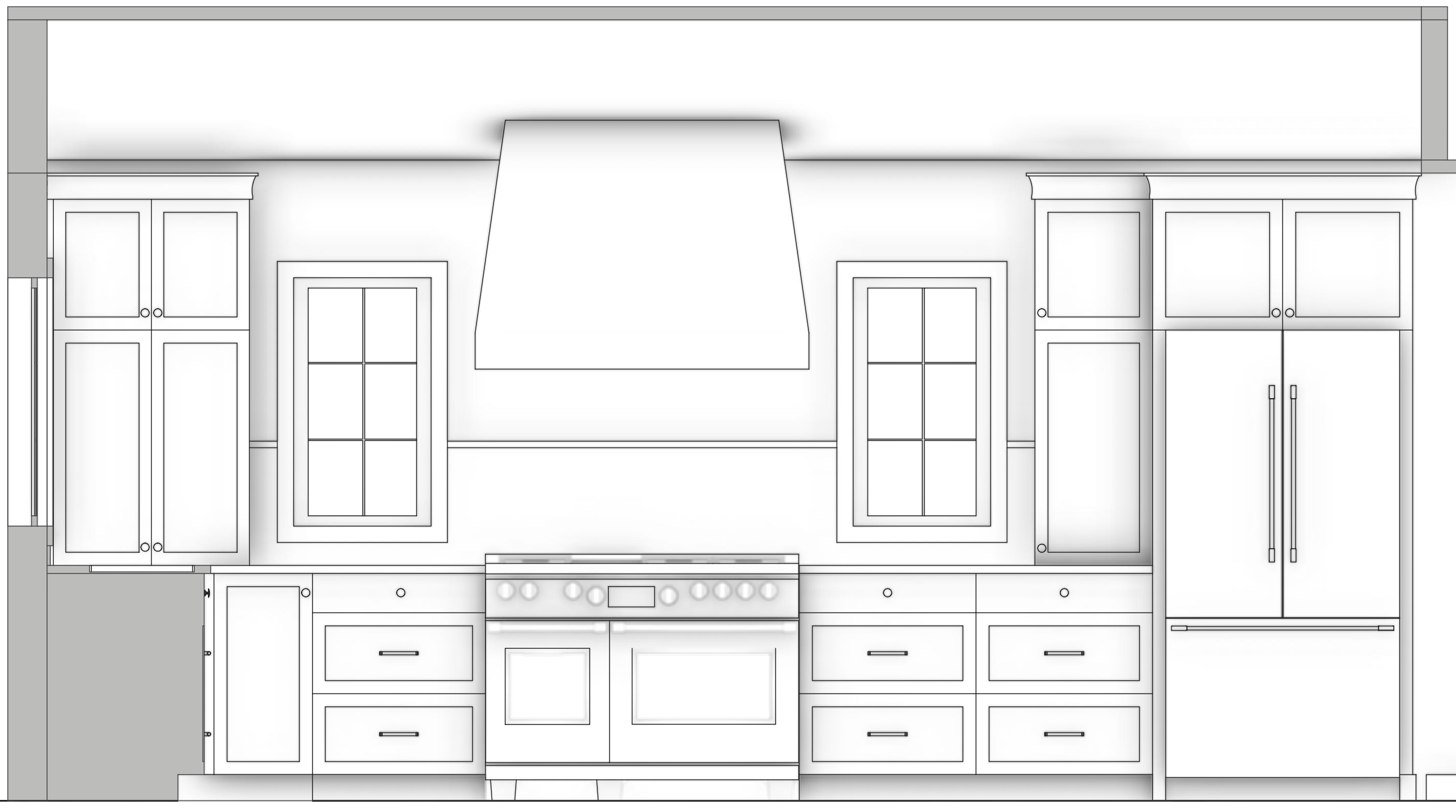 Line drawing of a kitchen with cabinets, two windows, a range with an oven, a range hood, and a refrigerator.