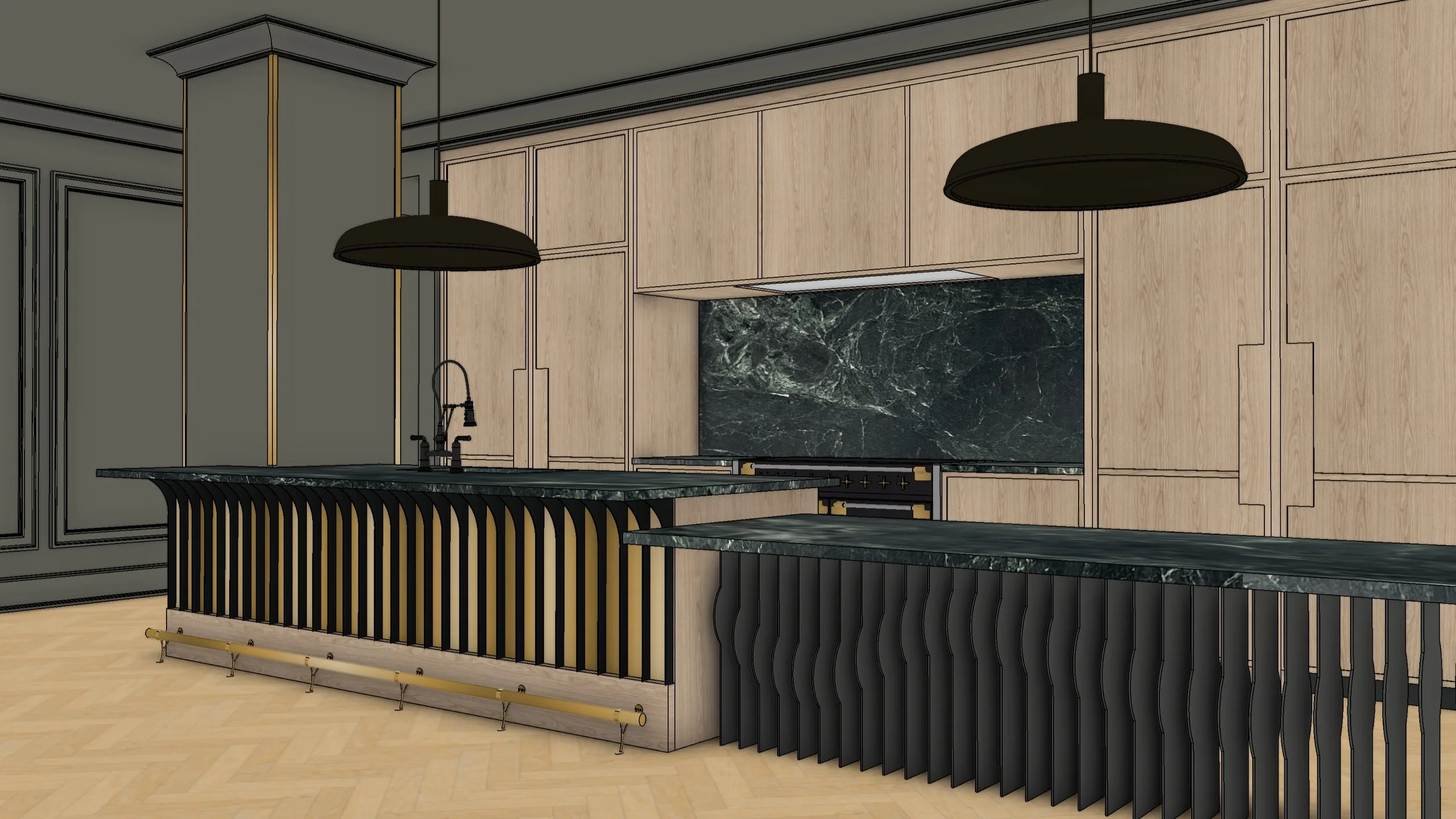 Modern kitchen with light wood cabinets, black marble backsplash, black pendant lights, and a kitchen island with black marble countertop and decorative black slats.