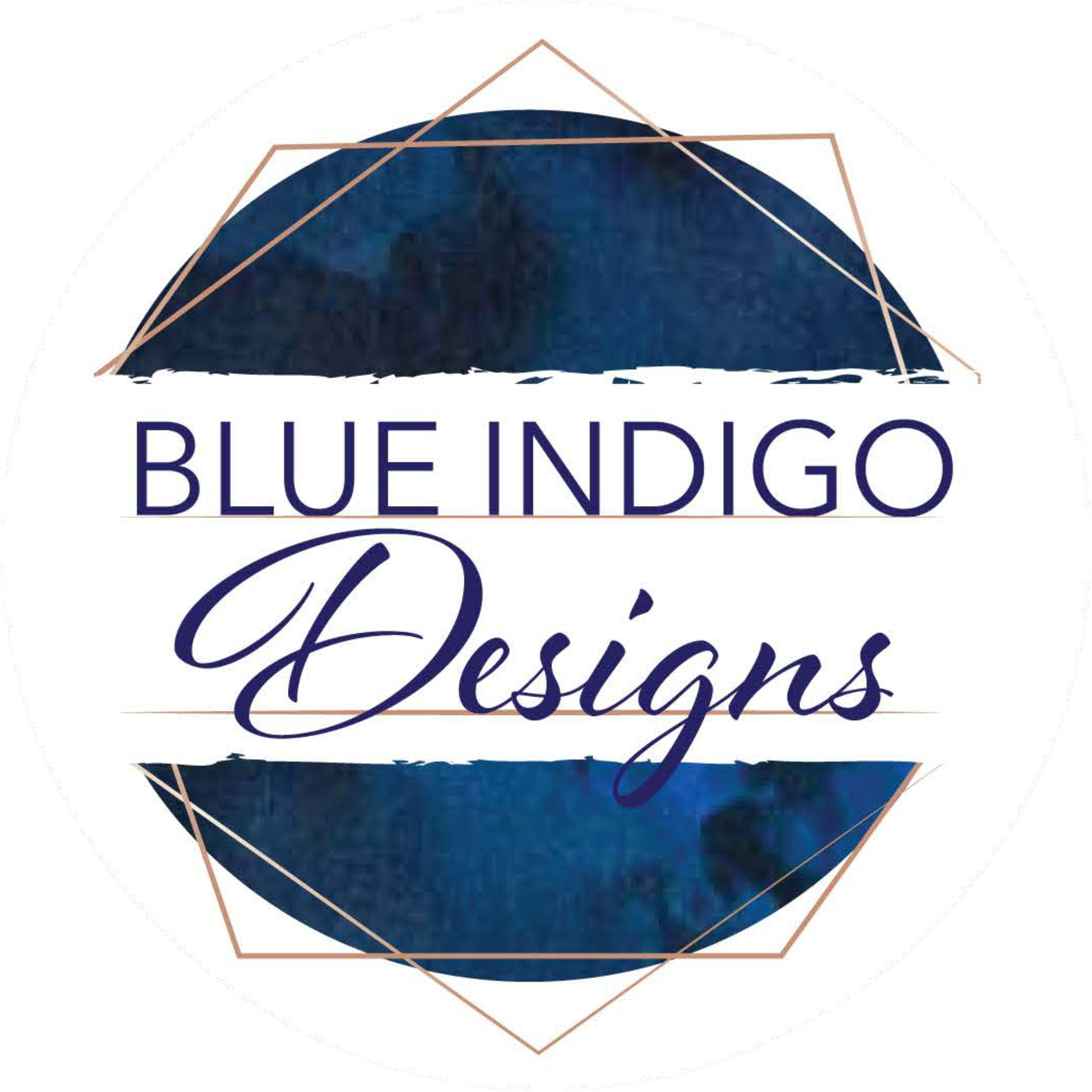Logo for Blue Indigo Designs featuring a navy blue watercolor background with a gold geometric line border, and text in purple reading 'Blue Indigo Designs'.