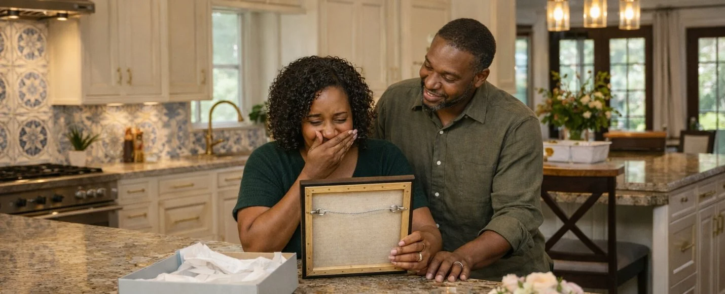 A woman is covering her mouth, overwhelmed with joy for the thoughtful gift her husband have given her, a hand painted portrait of someone she loves. They are in a bright kitchen with a marble countertop, plants, and flowers.