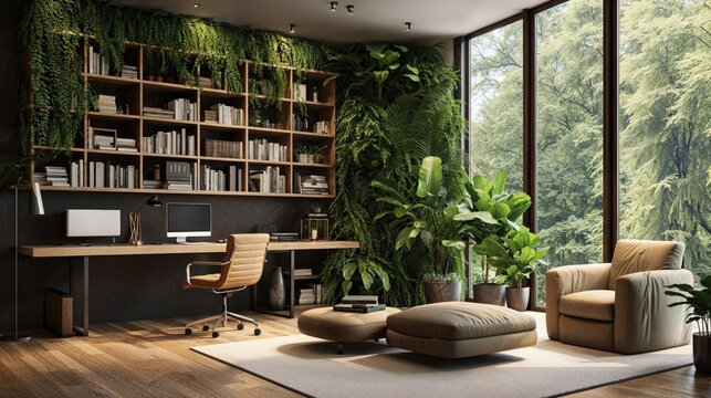 Modern home office with wooden desk, two computers, beige chair, and green plants near large windows overlooking trees.
