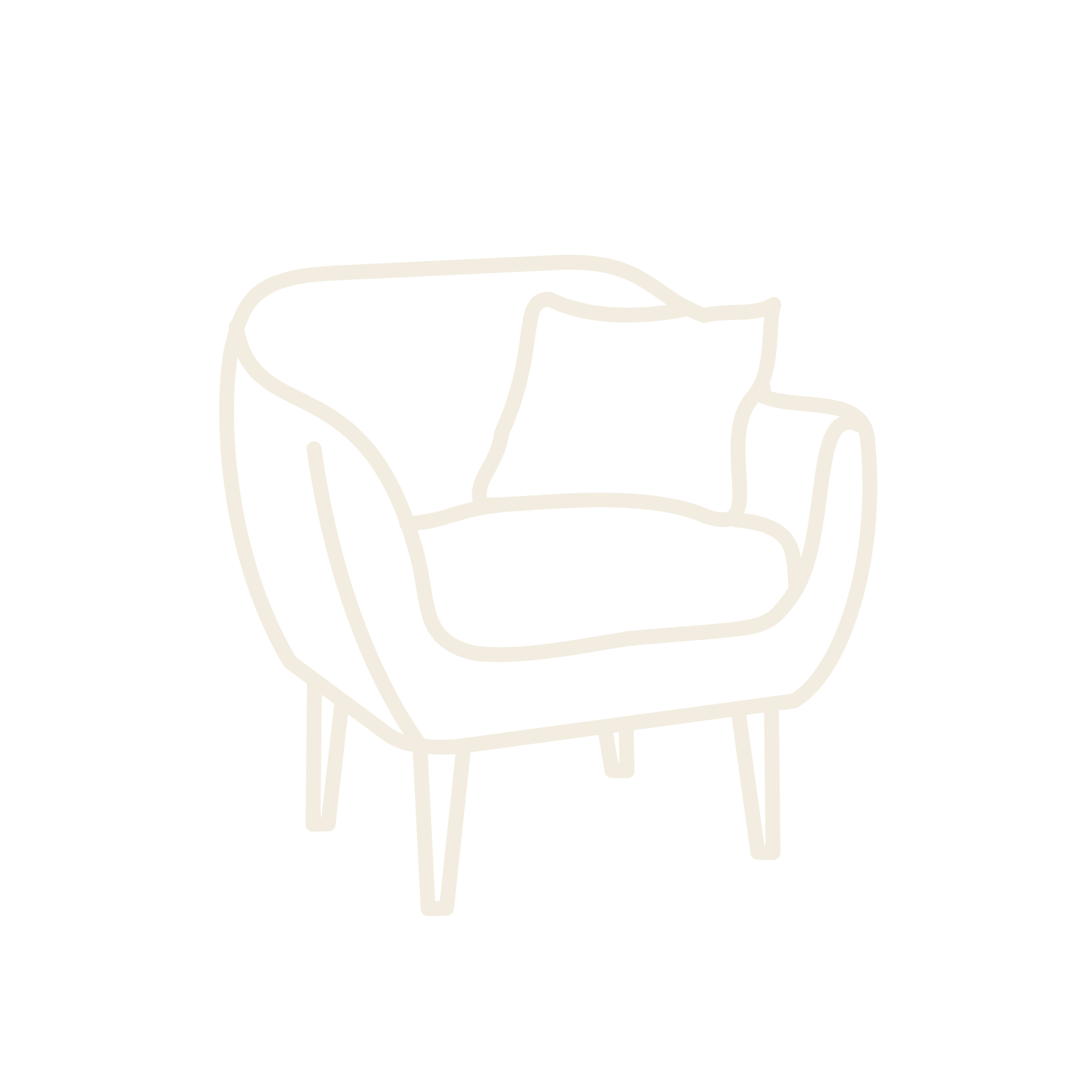 Line drawing of a modern armchair with a cushion on it, set against a black background.