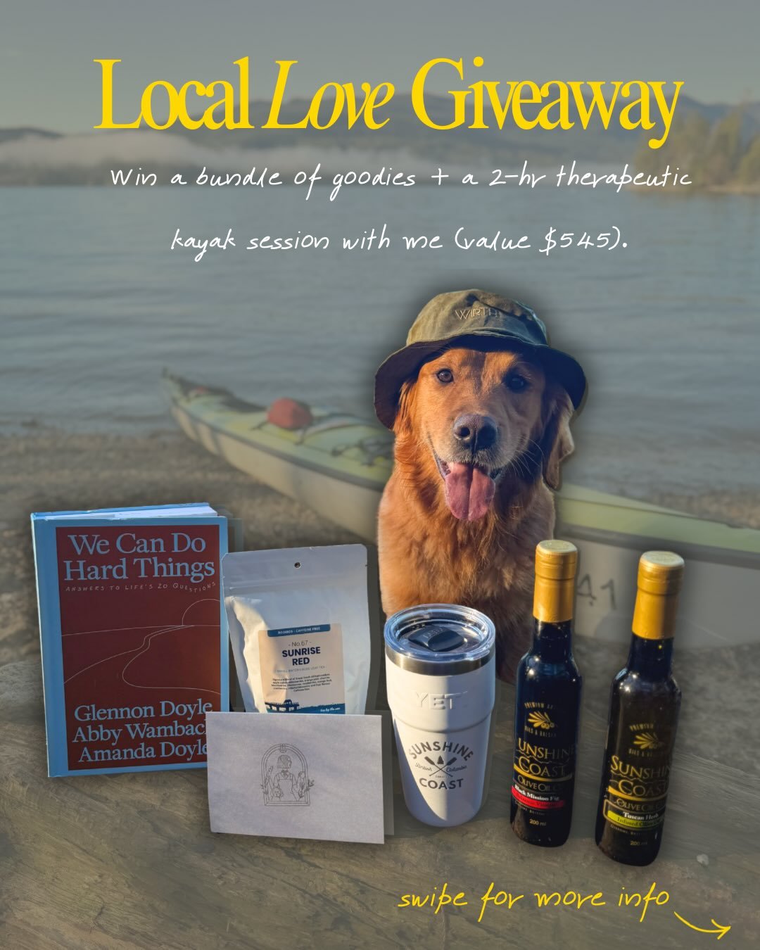 LOCAL LOVE GIVEAWAY 🛶

Win a $545 value bundle of local goodies + a 2-hour therapeutic kayak session with me.

Big thank you for all the support over the past 4 months of my opening my practice 💛 

I wanted to give back, show some local love, and c