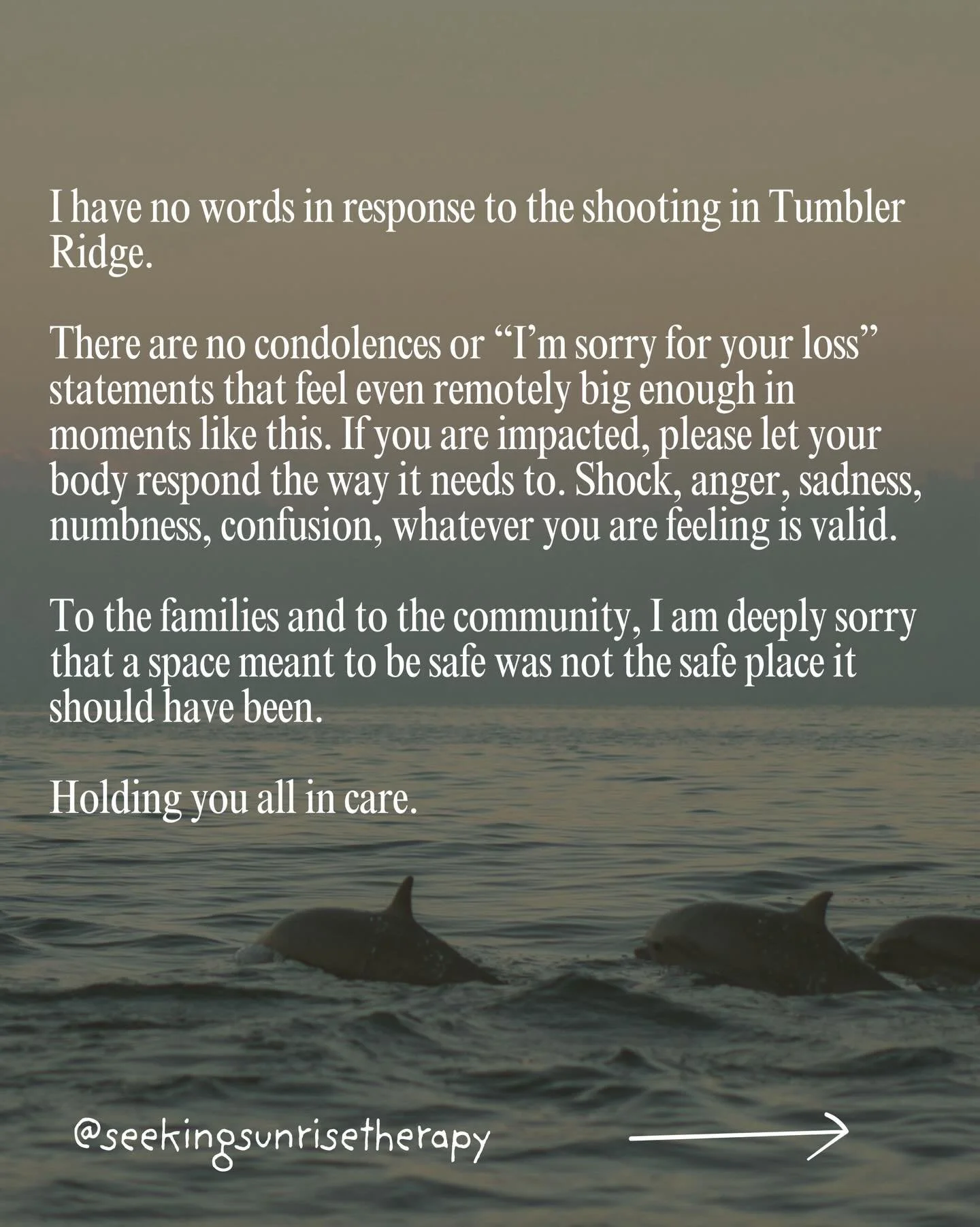 Parker and I are holding the Tumbler Ridge community in care.

I am offering 3 free individual support sessions next week for those directly impacted. Please email to inquire about availability at sonia@seekingsunrisetherapy.ca

Be gentle with your n