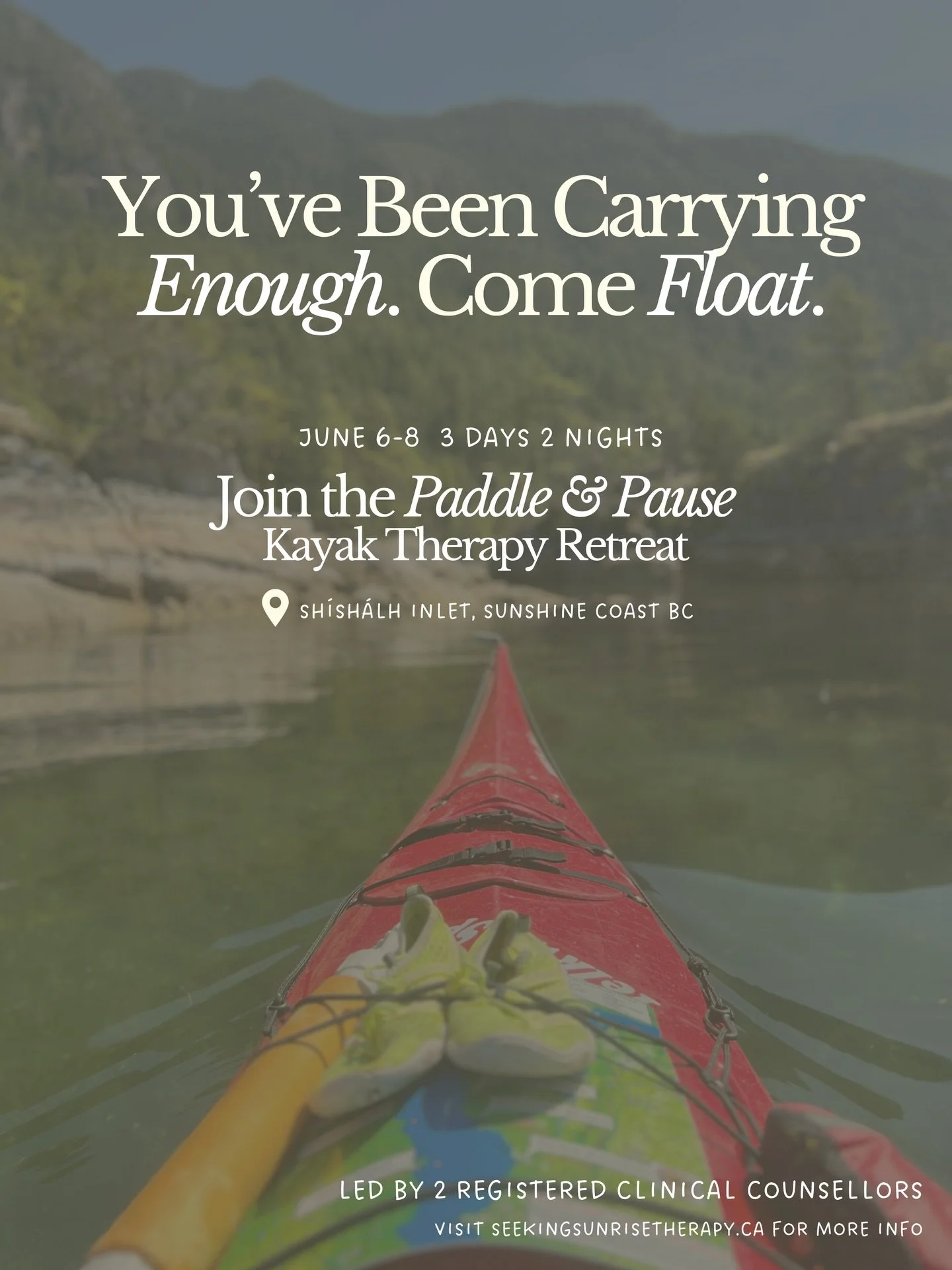 You&rsquo;ve been carrying enough.
Come float.

A 3-day, 2-night therapeutic kayaking and camping retreat on the Sunshine Coast.

Guided kayaking, group counselling, and space to slow down, reflect, and reconnect.

6 spots available.

Learn more or a