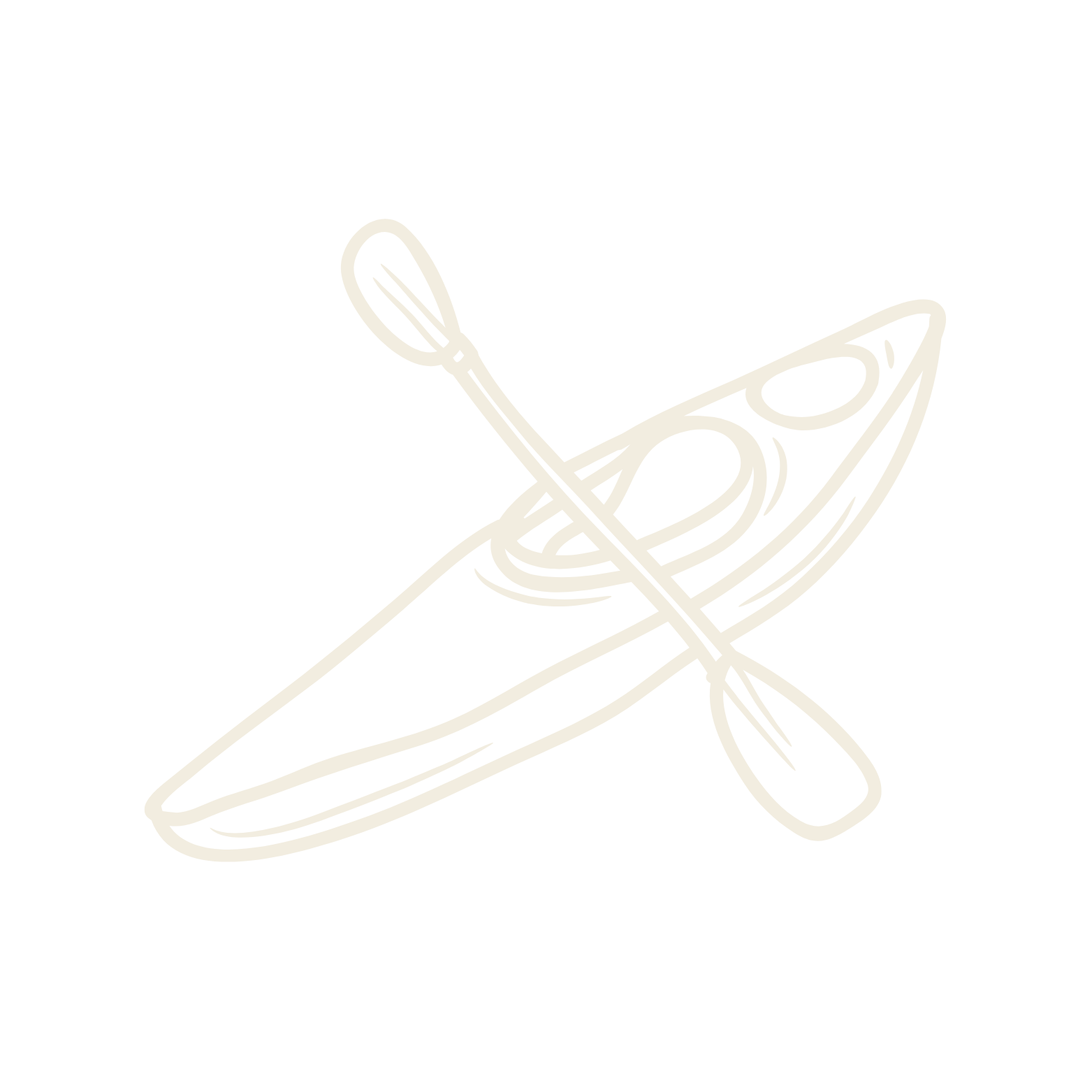 Line drawing of a kayak, paddle, and life jacket on a black background.