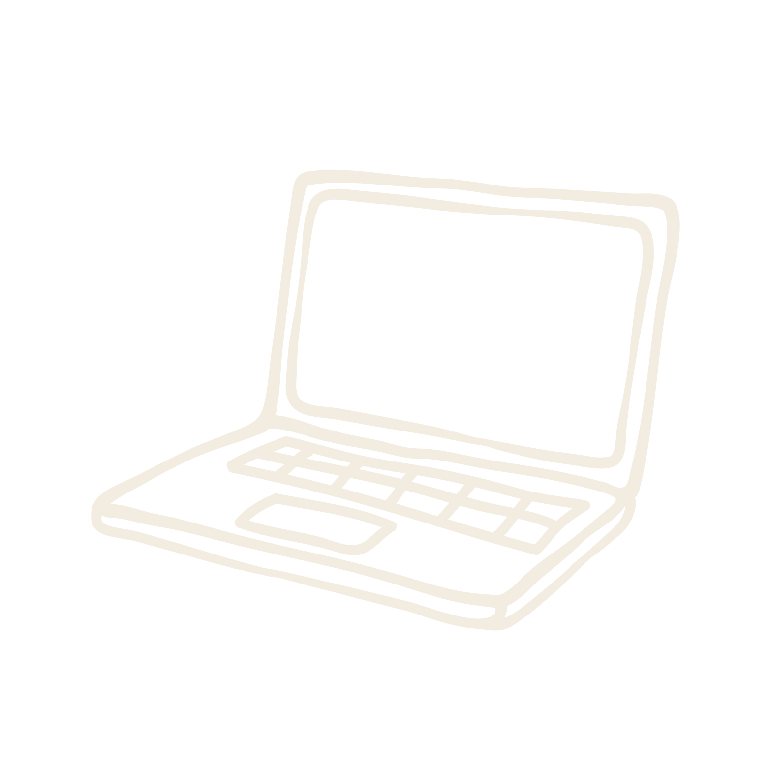 Minimalist line drawing of an open laptop computer with a blank screen on a black background.
