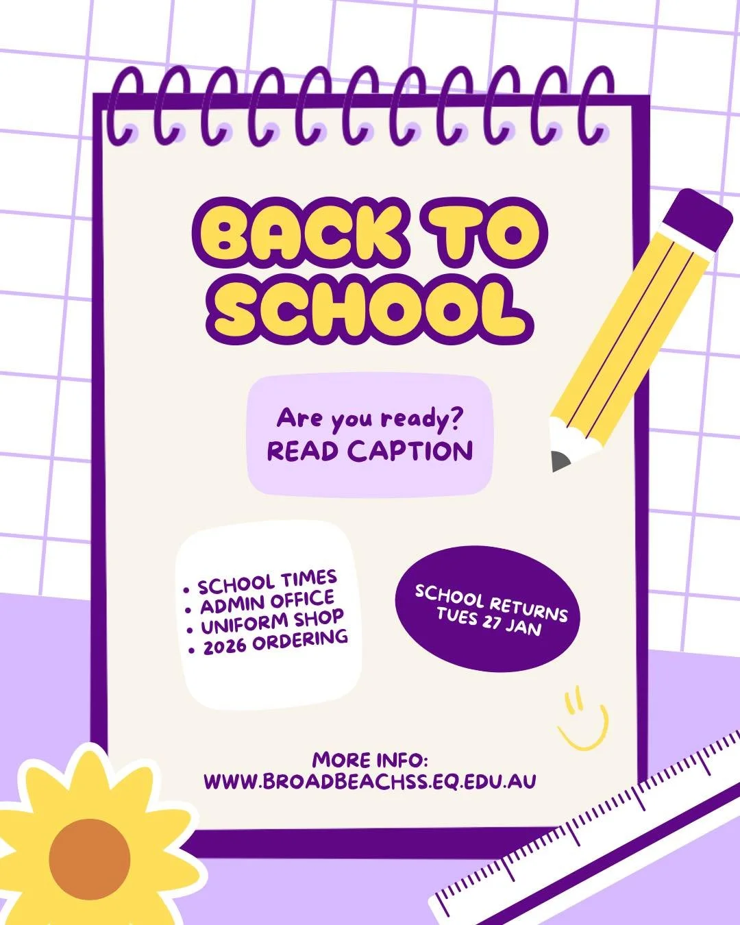 📚 Back to School - Tuesday 27 January 2026

We&rsquo;re excited to welcome everyone back for the new school year!

ADMIN OFFICE:
📍 New location: Alexandra Avenue, via the pathway before the School Bus Shed
⏰ Opening hours before school resumes:
&bu