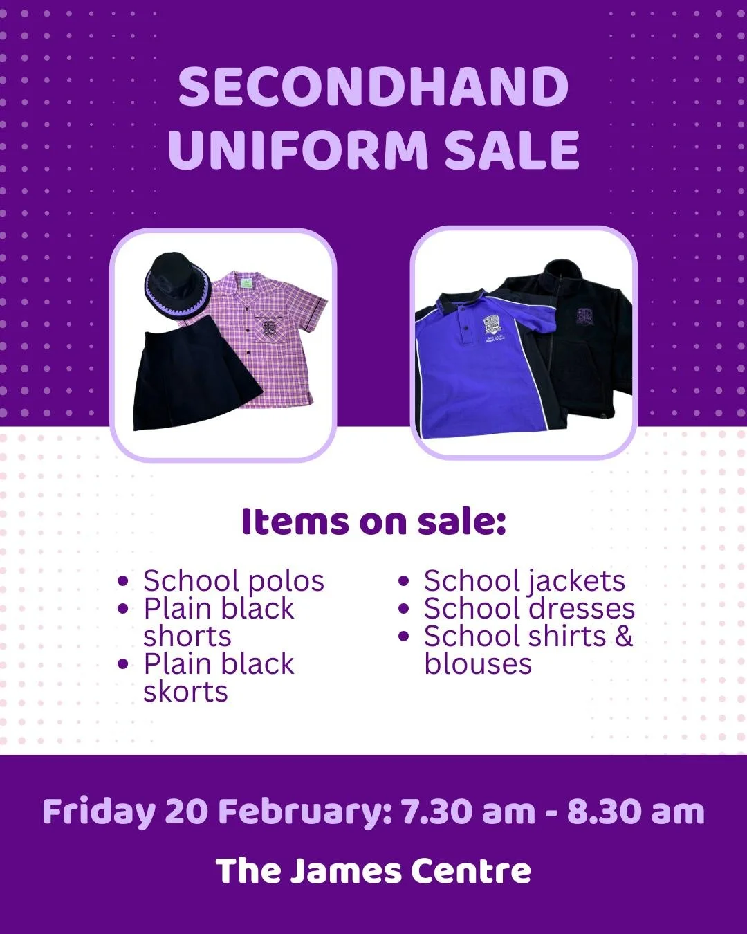 Our Secondhand Uniform Sale is happening next Friday 20 February from 7:30am - 8:30am in The James Centre.
Pop in before school to pick up polos, dresses, jackets, skirts, shorts and more. A simple way to save, reuse and keep our uniforms in circulat