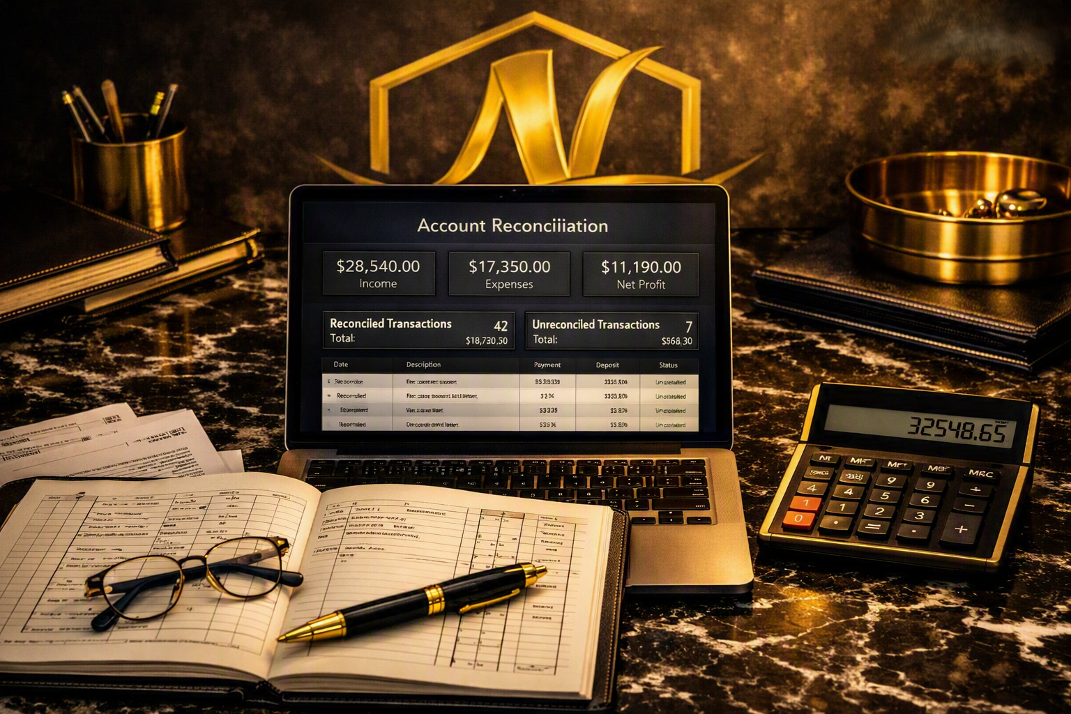 A workspace with a laptop showing an account reconciliation screen, a calculator displaying 32,548.65, an open planner, a pair of glasses, and a pen on a marble desk with notebooks, pens, and gold-colored desk accessories.