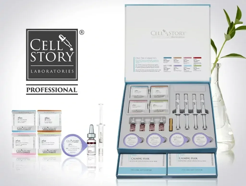 Open box of CellStory professional skincare or cosmetic product kit with vials, syringes, containers, and masks on a white surface with a small green plant in a clear vase.