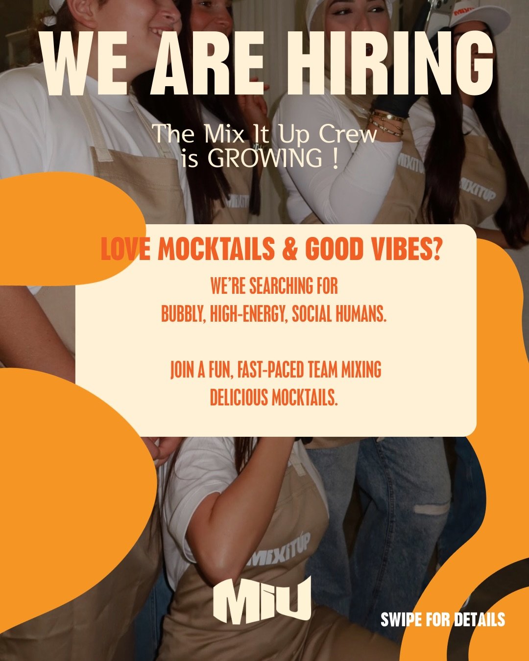 Mix it up is on the lookout for high energy, bubbly humans to join our Mocktail Family 🍊🔥🍹

Roles Available: 
- Mobile Mixologists, mixing up mojitos for all kinds of events 🔥
- Event Setup &amp; Packdown, helping every evet run smoothly 🙏

If y