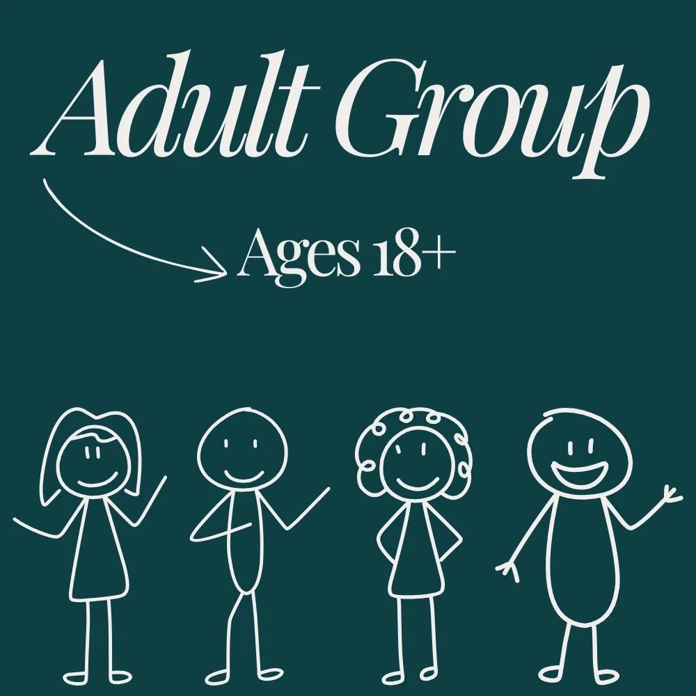 A graphic with a dark green background displaying white cartoon drawings of four smiling people, with text indicating an adult group for ages 18 and above.