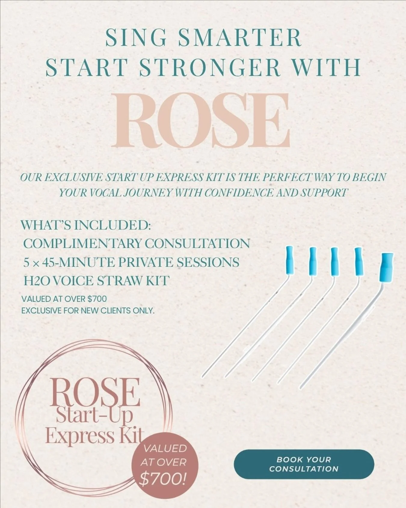 Ready to find your voice? 🌹
Our ROSE Start Up Express Kit gives you everything you need to begin strong and supported — including 5 private sessions, a complimentary consultation, and your own H2O Voice Straw Kit (valued at over $700).
Perfe
