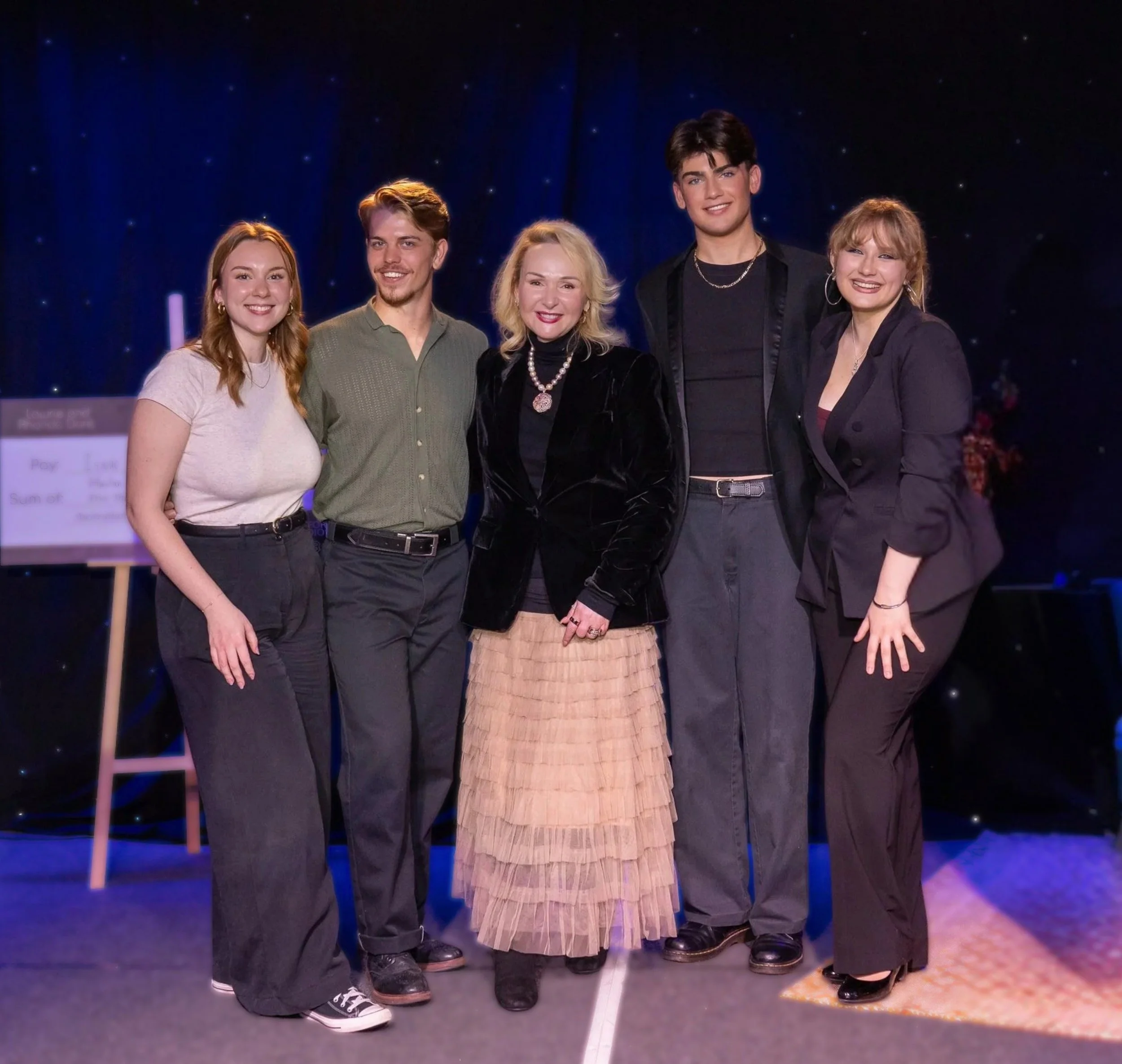 Rise Up Singing Competition 2025 Winners Harlan Goode (Australian Idol 2026), and Isaac Parr (Australian Idol 2024), and Runner Up Lillian Lee, posing with Performance Studios Coaches Lisa Lockland-Bell and Beth Parr.