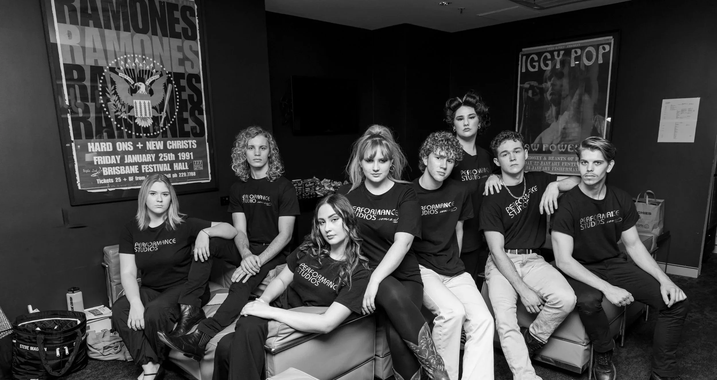 Performance Studios Elite Performance team in the green room of The Fortitude Valley Music Hall, preparing for the Carers Foundation's 2023 Unsung Heroes Gala. 