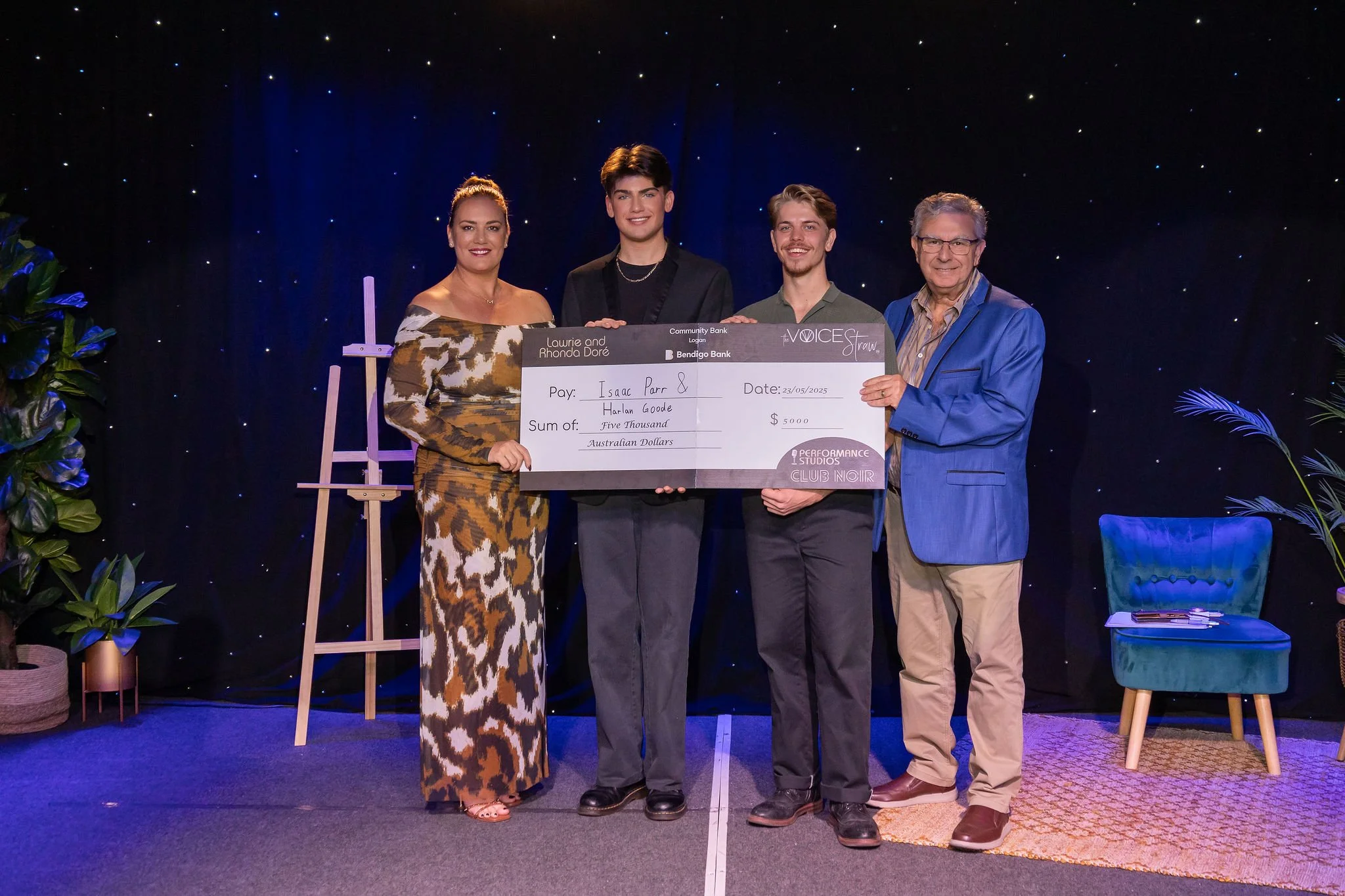 Rise Up 2025 Winners Harlan Goode (Australian idol 2026), and Isaac Parr (Australian Idol 2024), with Rise Up Competition Judges Margaux Parker (Triple M) and Mike Bennet (101 FM)