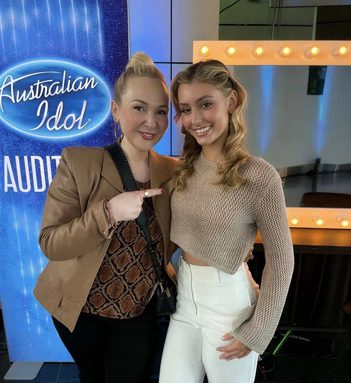 Performance Studios Principal Vocal Coach Lisa Lockland-Bell Poses with her Student, Australian Idol Contestant Eva Ilov on set for Australian Idol 2026.