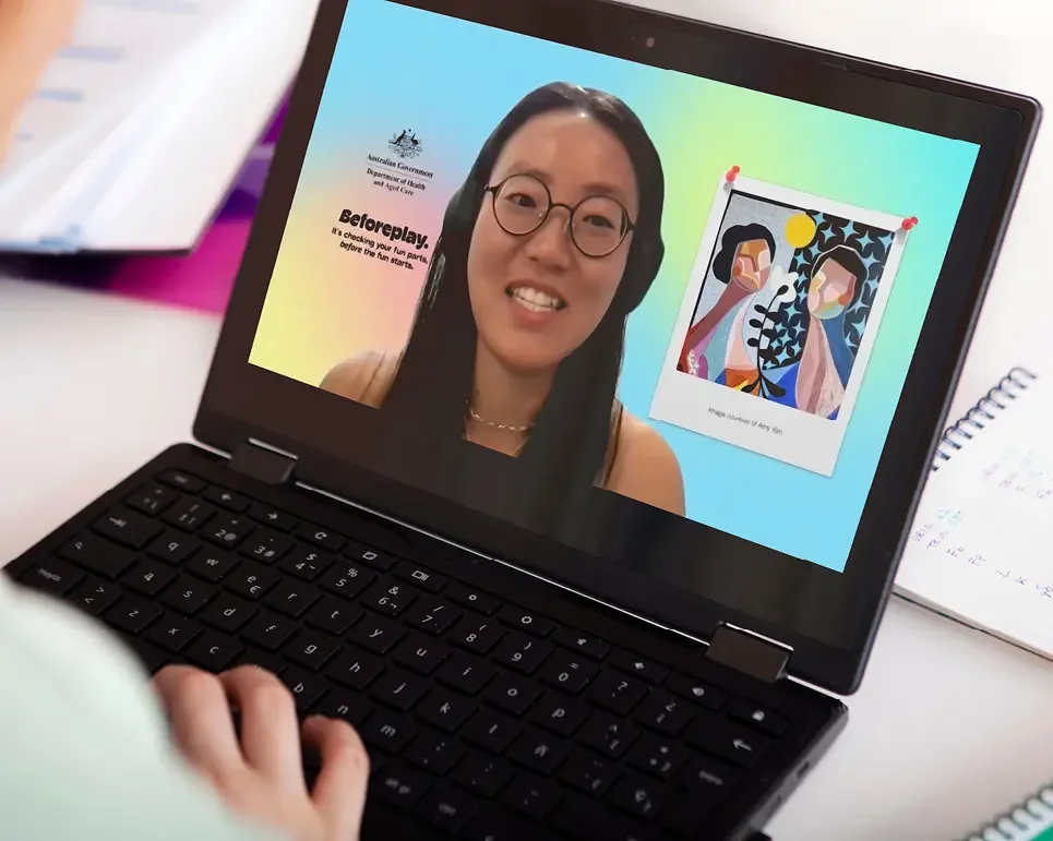 Person watching Beforeplay webinar on a laptop