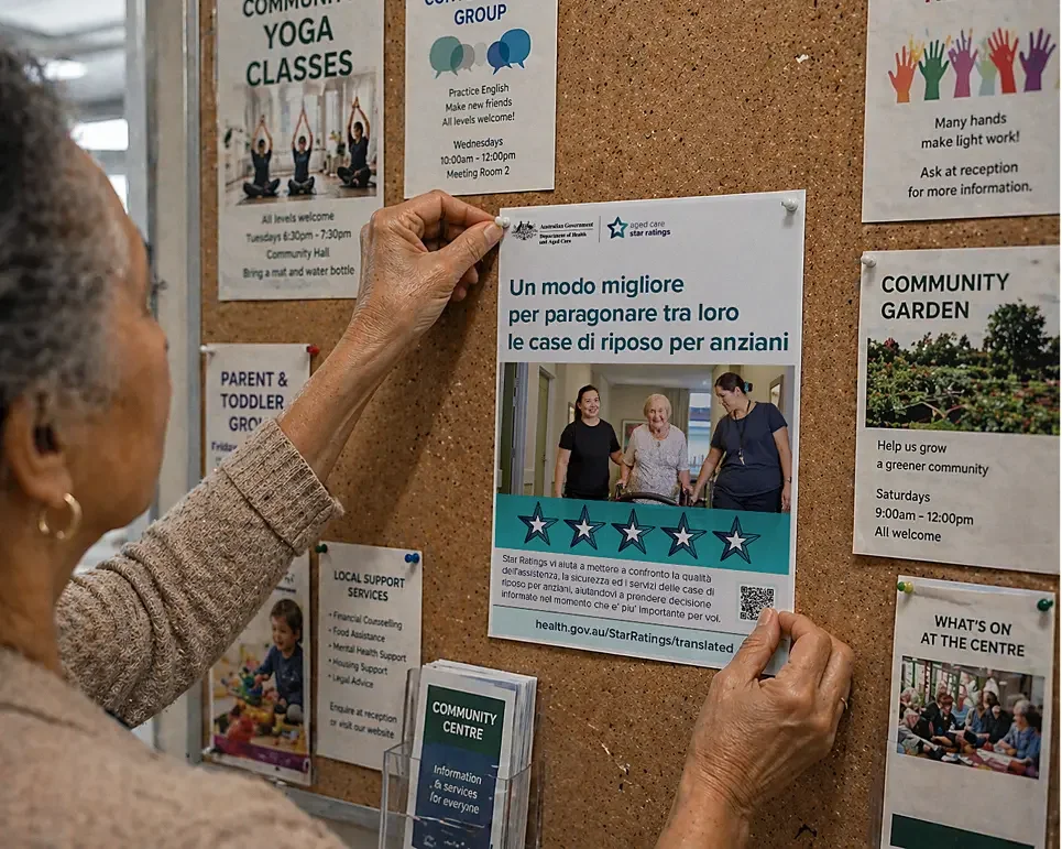 Woman pinning multilingual poster to community noticeboard