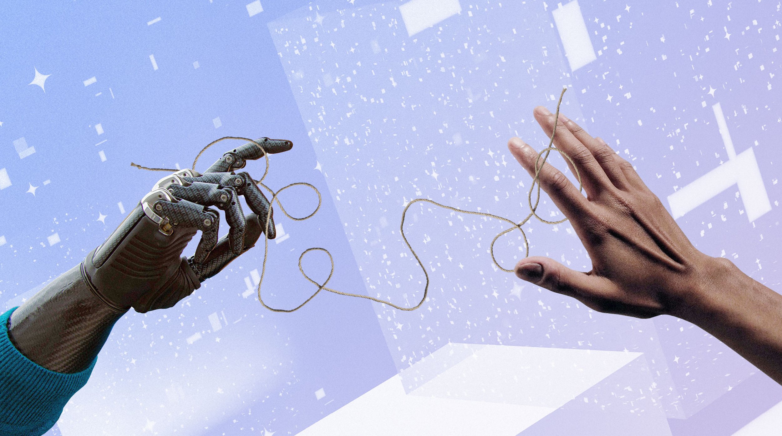 Mechanical hand connected to human hand by twine