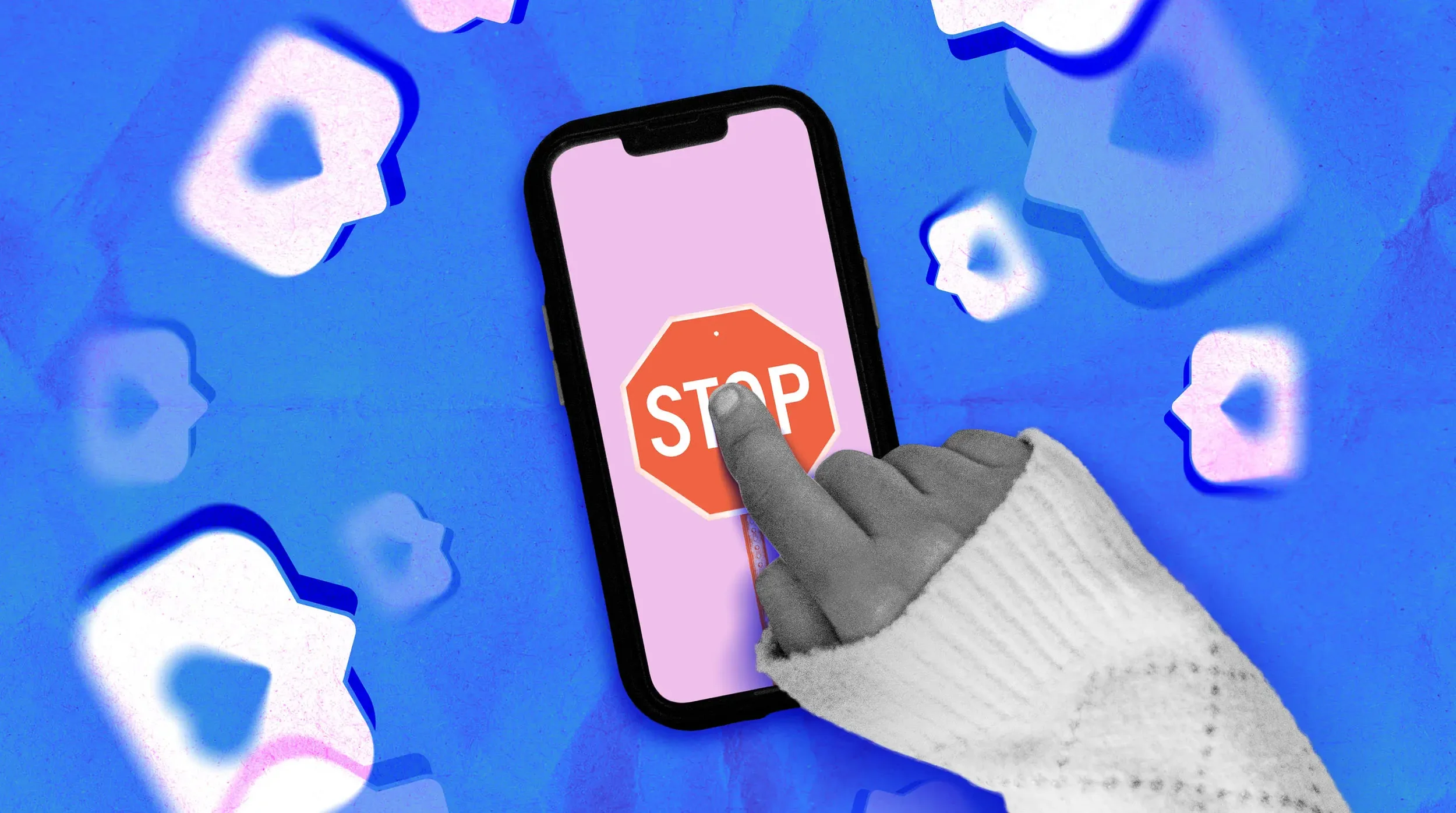 Collage of child's hand and mobile phone with the word Stop on the screen