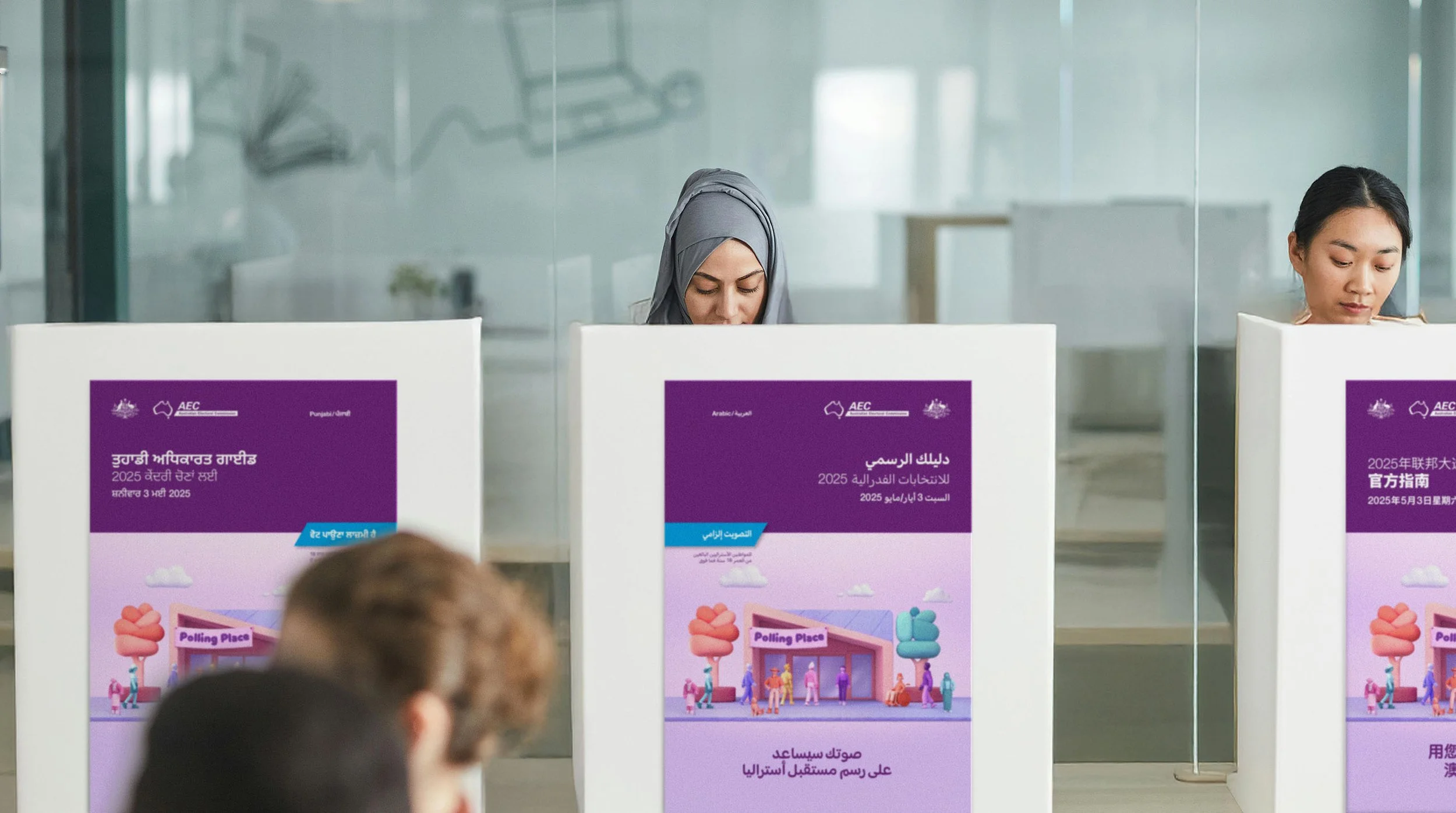 Voting booths with multilingual posters