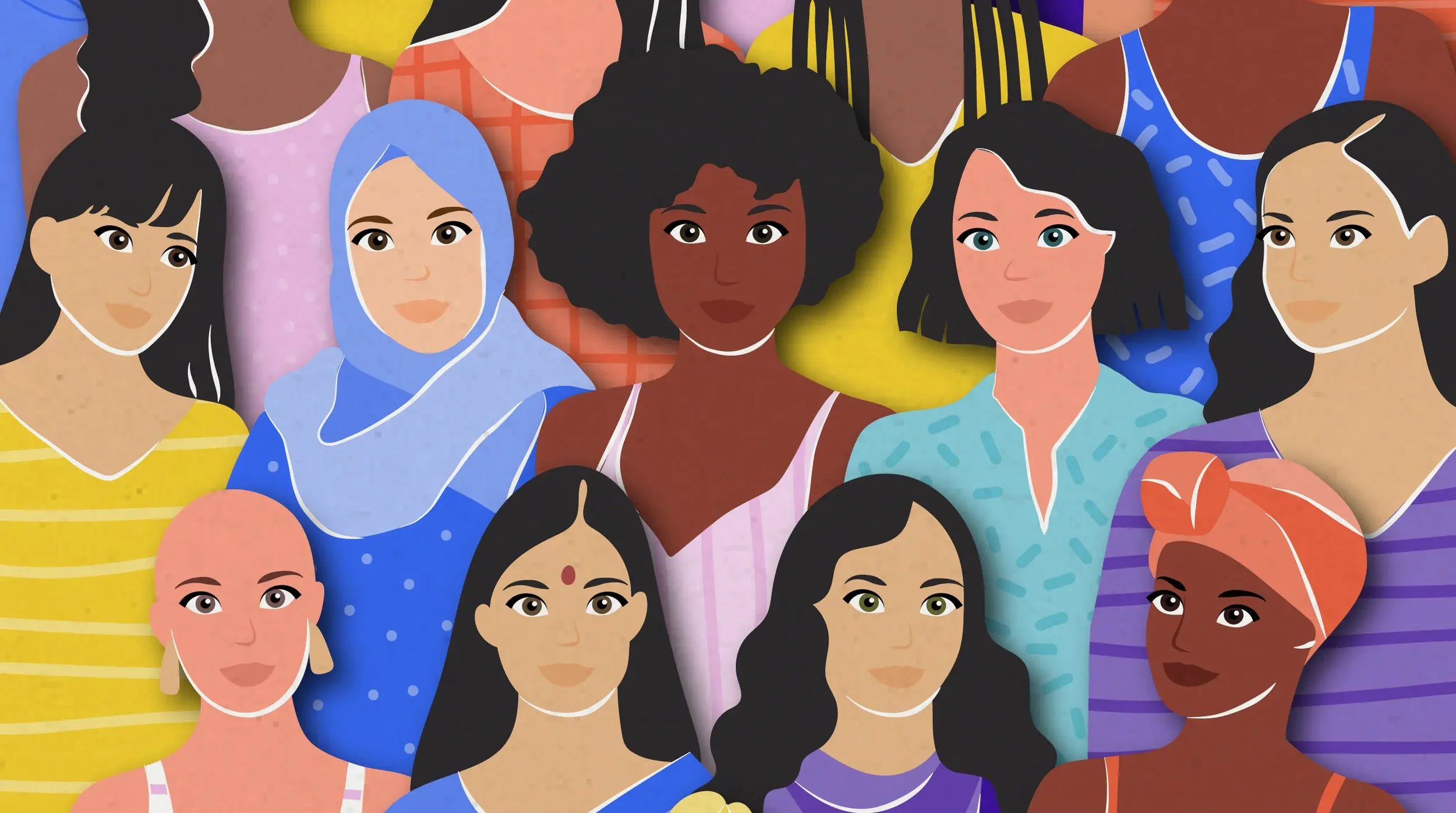 Illustration of a diverse group of multicultural women grouped together and smiling