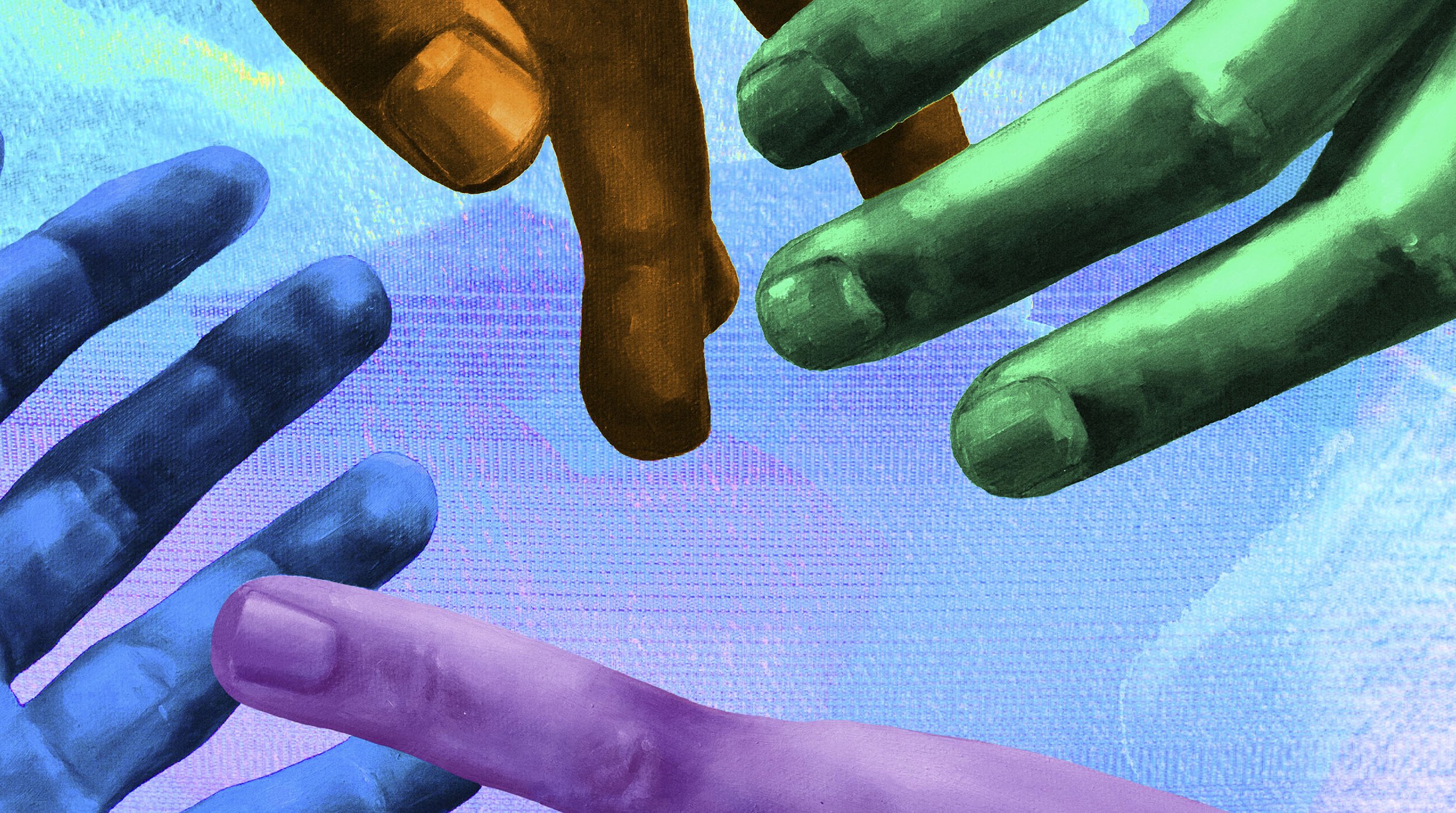 Brightly coloured hands reaching out in support
