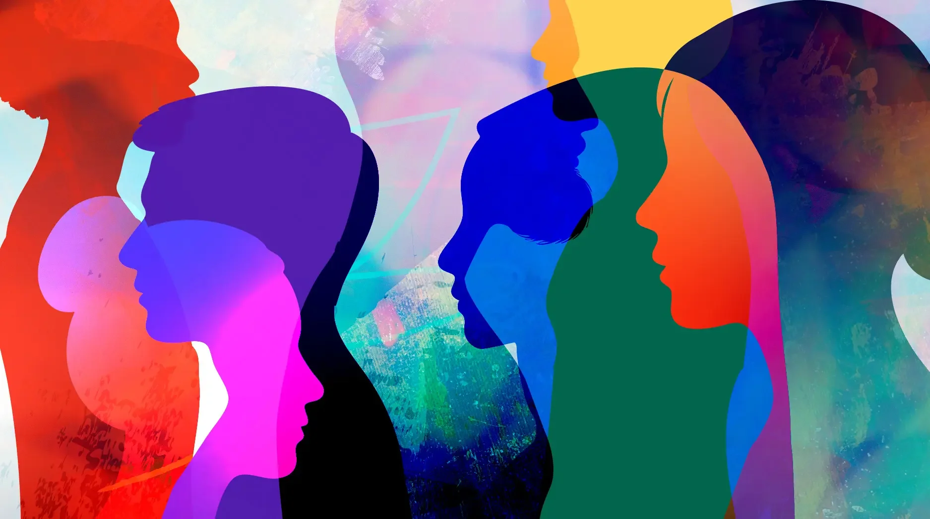 Colourful silhouettes of diverse people against a paint-textured background