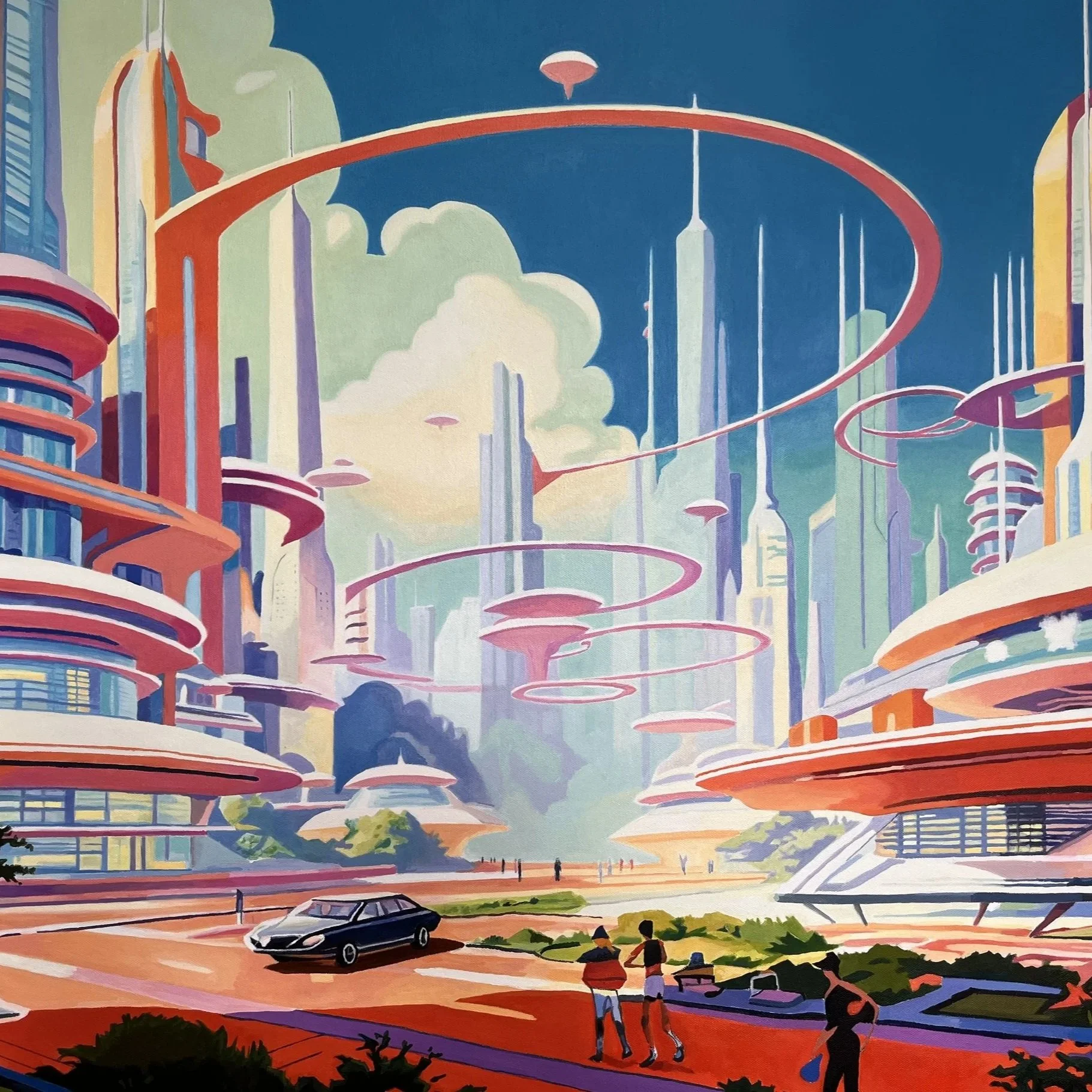 A futuristic cityscape with tall, colorful skyscrapers, flying vehicles, and people walking on the streets.