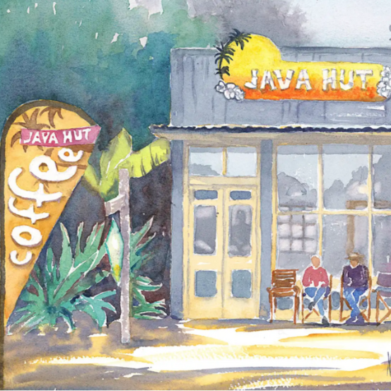 Watercolor painting of a small coffee shop named Java Hut with a large yellow pineapple sign, outdoor seating with two people, and a leaf-shaped sign with Java Hut and coffee written on it.