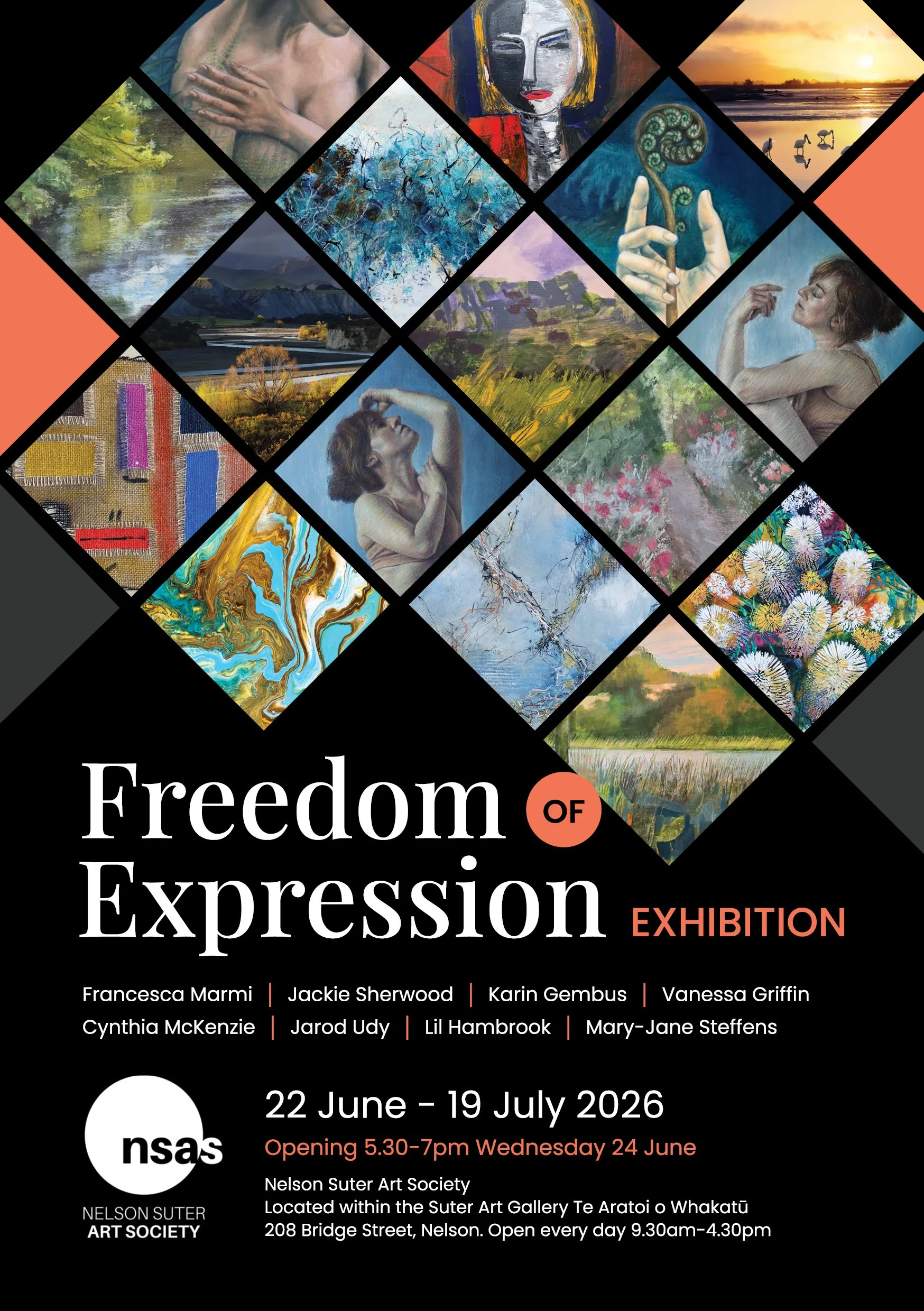 A poster for the 'Freedom of Expression' art exhibition at the Nelson Suter Art Society, running from June 22 to July 19, 2026. The poster features various artworks including portraits, landscapes, abstract art, and nature scenes, along with the names of participating artists and exhibition details.