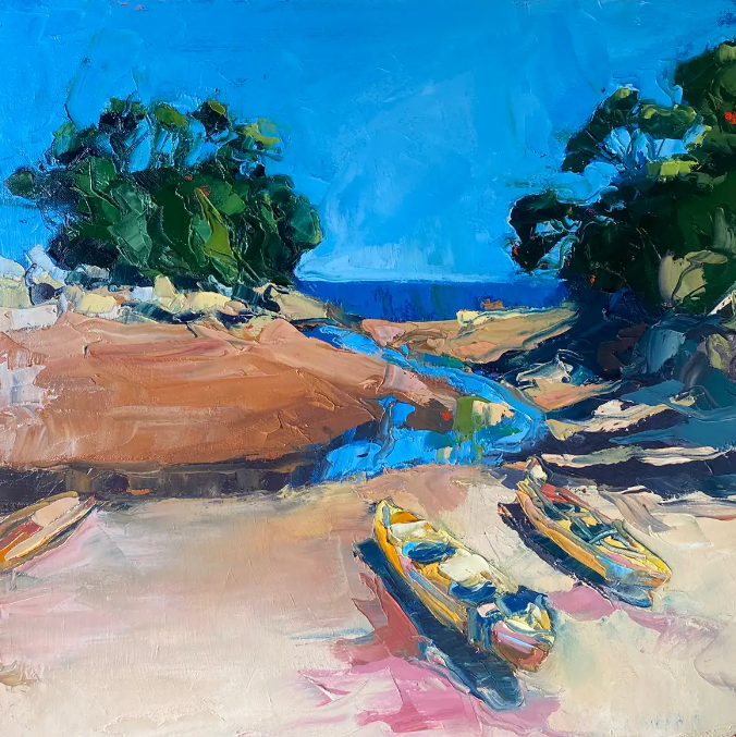 Impressionist-style painting of a river scene with two boats on a sandy beach, surrounded by green trees, with a bright blue sky in the background.