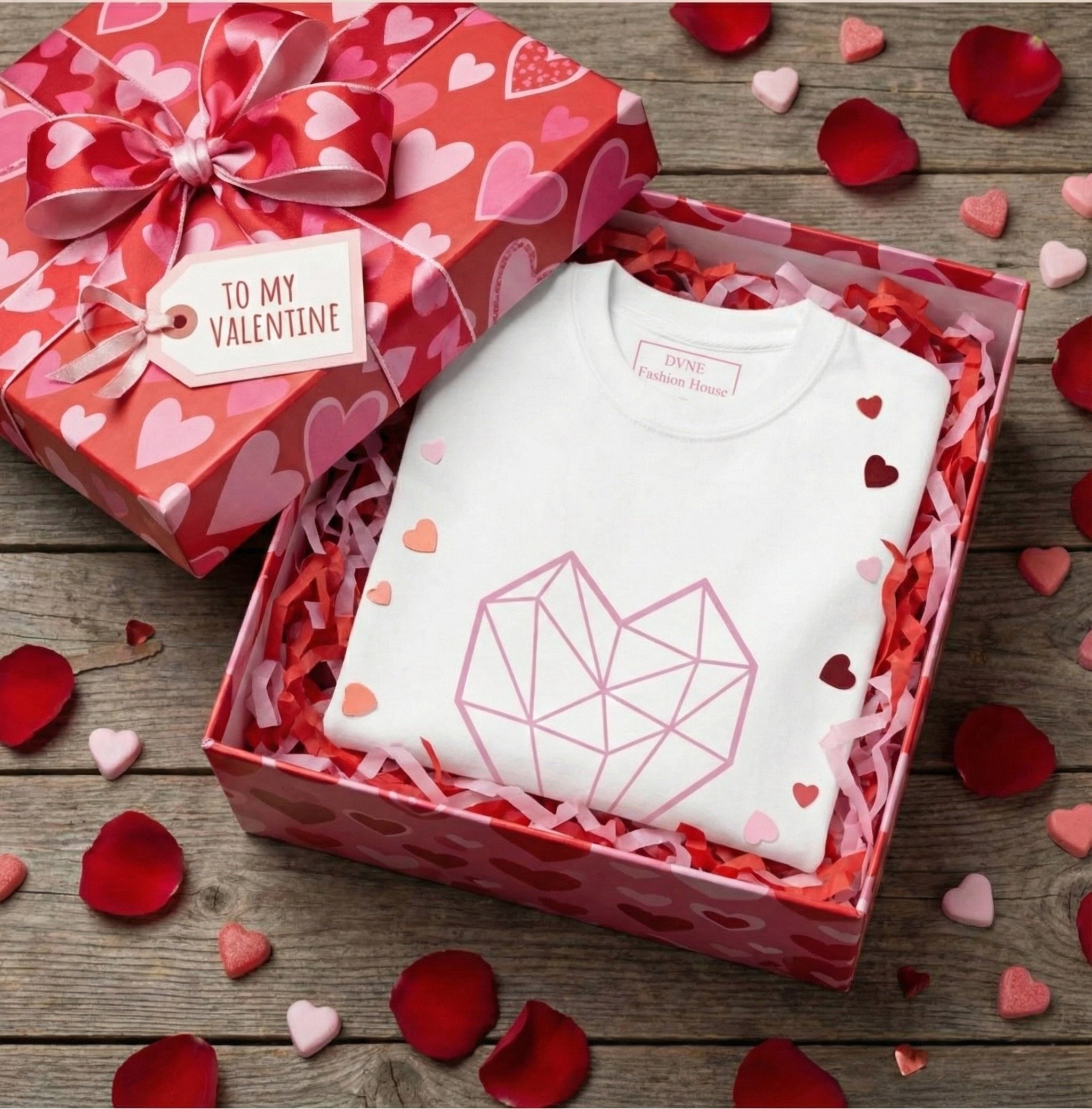 Valentine's Day gift box containing a white T-shirt with a geometric heart design, surrounded by red and pink paper hearts and rose petals on a wooden surface.
