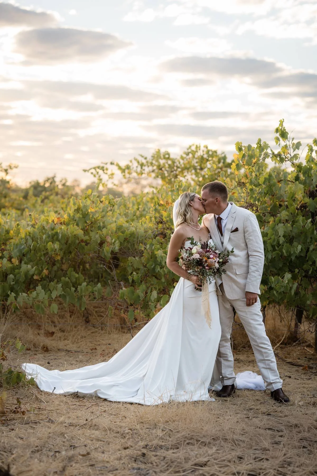 A bride and groom share a kiss in a vineyard at sunset. The bride wears a white wedding gown and holds a bouquet, while the groom wears a light-colored suit.