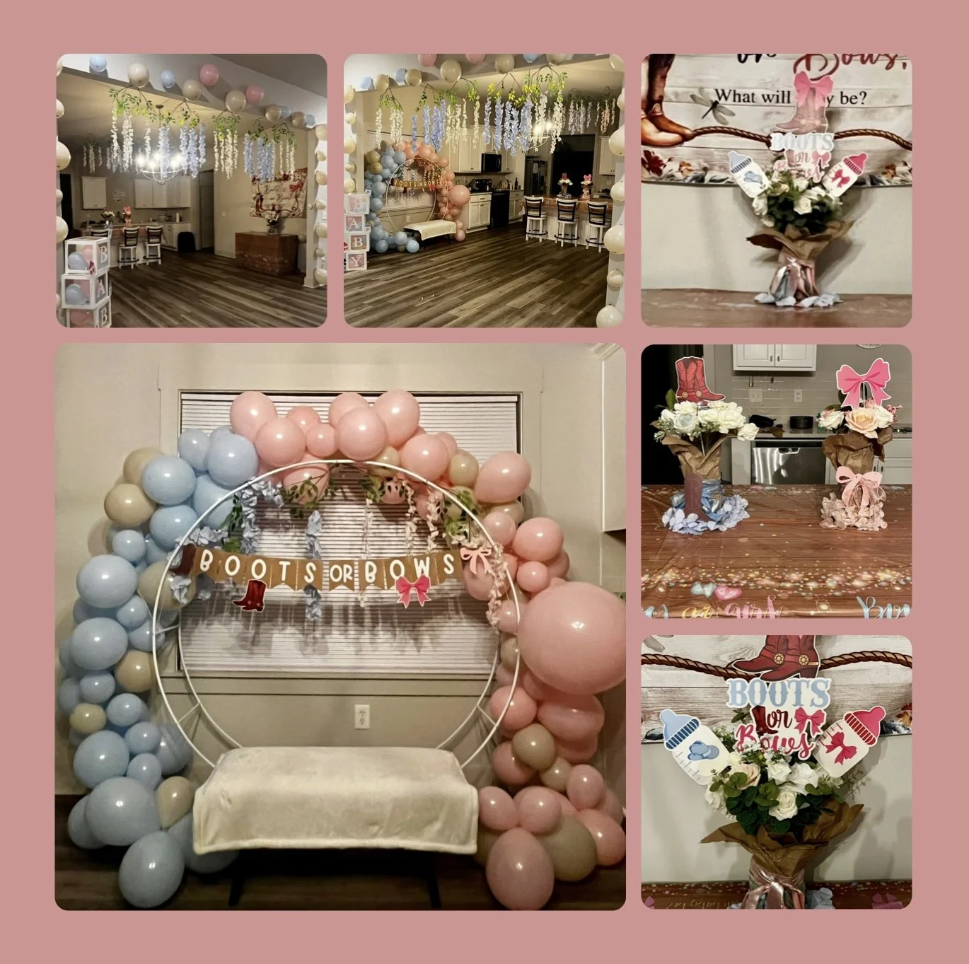 Decorations for a baby shower with pastel balloons, banners, and floral arrangements in pink, blue, beige, and white, featuring boot and bow themes.