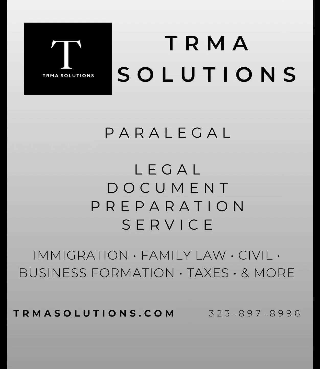 TRMA Solutions es su proveedor l&iacute;der en preparaci&oacute;n de documentos y consultas paralegales (asistente legal). Con mas de 10 a&ntilde;os de experiencia, nos esforzamos por brindarle un servicio compasivo y de calidad. TRMA Solutions tambi