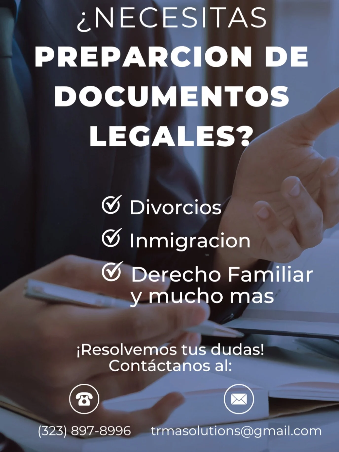 TRMA Solutions es su proveedor l&iacute;der en preparaci&oacute;n de documentos y consultas paralegales (asistente legal). Con mas de 10 a&ntilde;os de experiencia, nos esforzamos por brindarle un servicio compasivo y de calidad

Cont&aacute;ctanos h