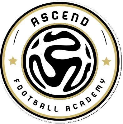 Logo for Ascend Football Academy featuring a circular design with black and gold colors, the academy's name, and a stylized maze or abstract pattern in the center.