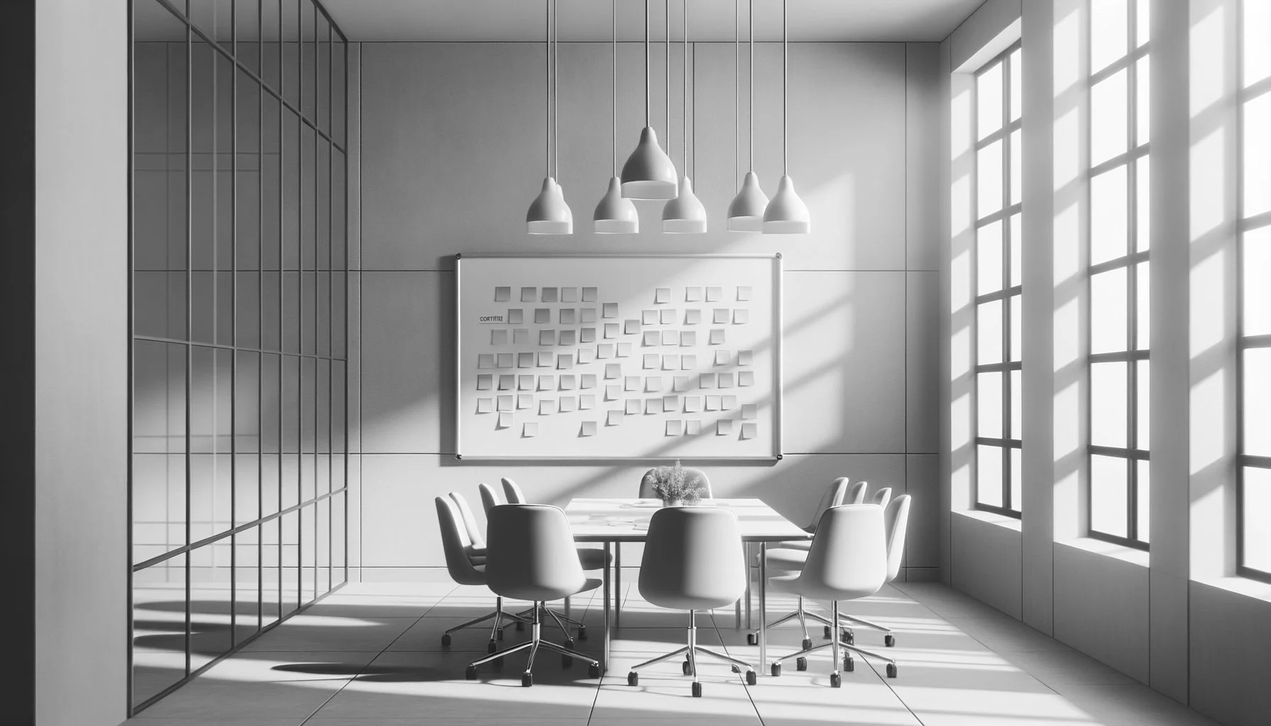 A modern, minimalist conference room with a rectangular table and nine white chairs. Large windows on the right let in natural light, casting shadows on the floor. A whiteboard with sticky notes is on the back wall, and six hanging pendant lights are above.